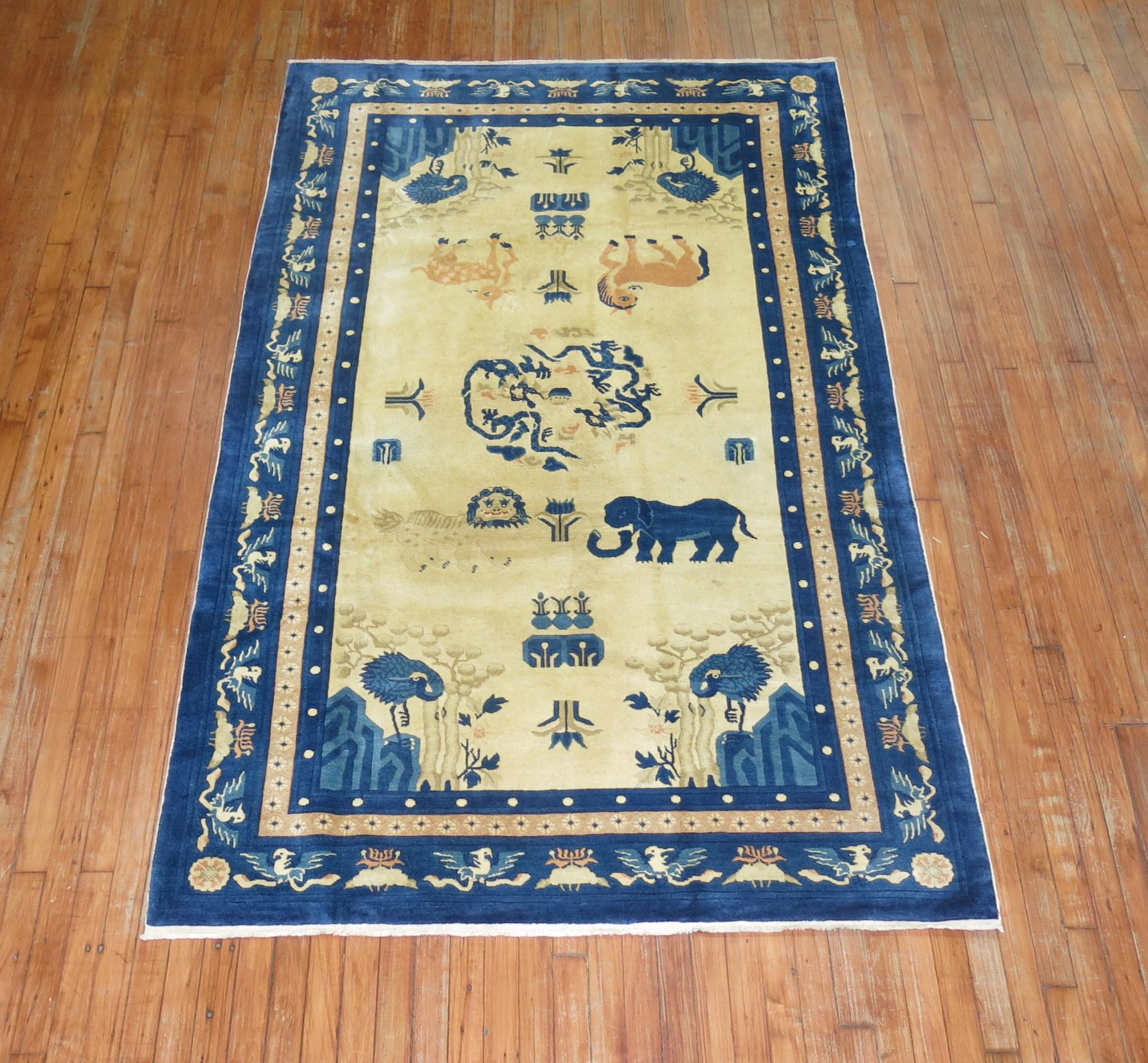 Wool Chinese Antique Pictorial Animal Elephant Rug For Sale