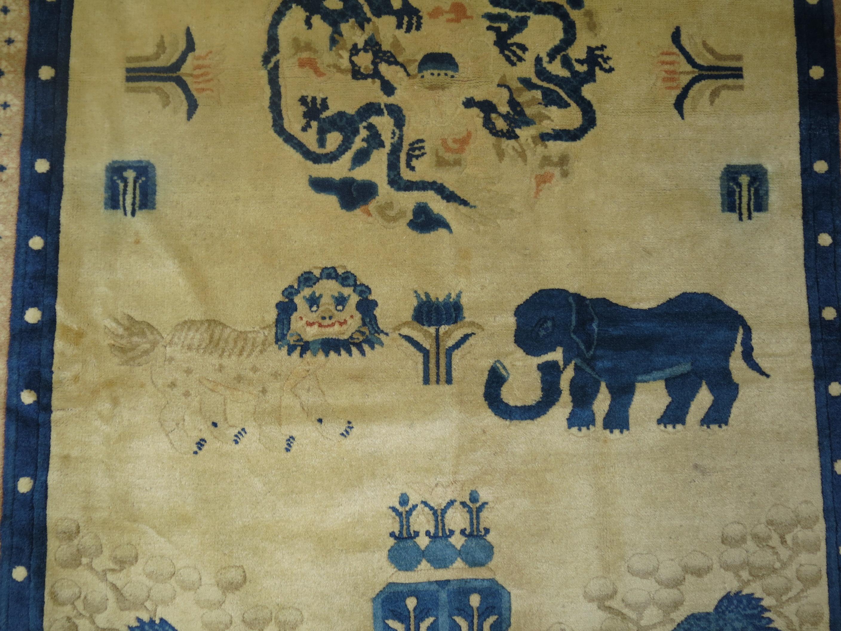 Early 20th Century Chinese Antique Pictorial Animal Elephant Rug For Sale
