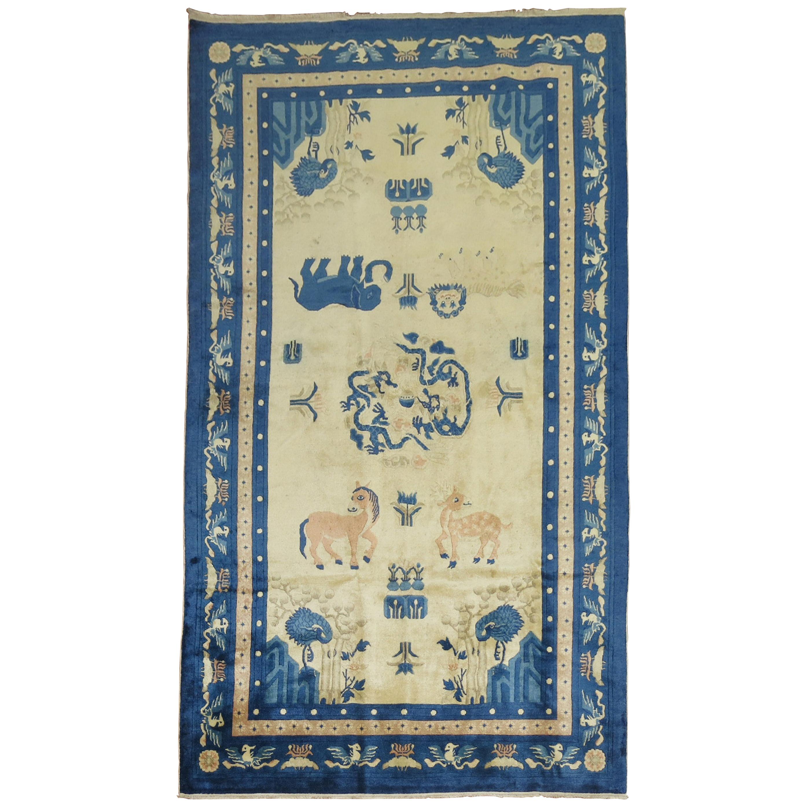 Chinese Antique Pictorial Animal Elephant Rug For Sale