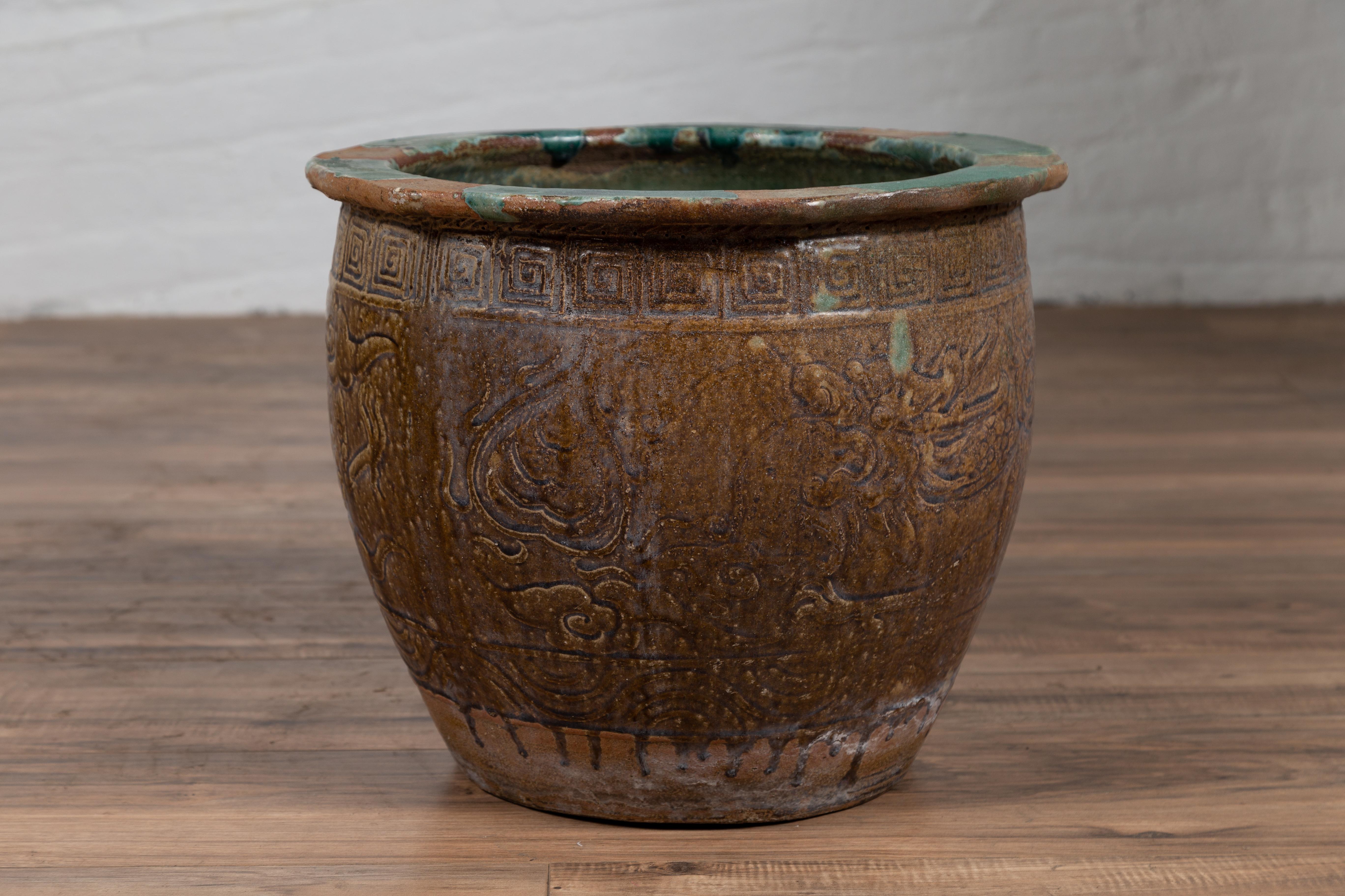 Chinese Antique Planter with Weathered Patina, Greek Key, Animals and Clouds 1
