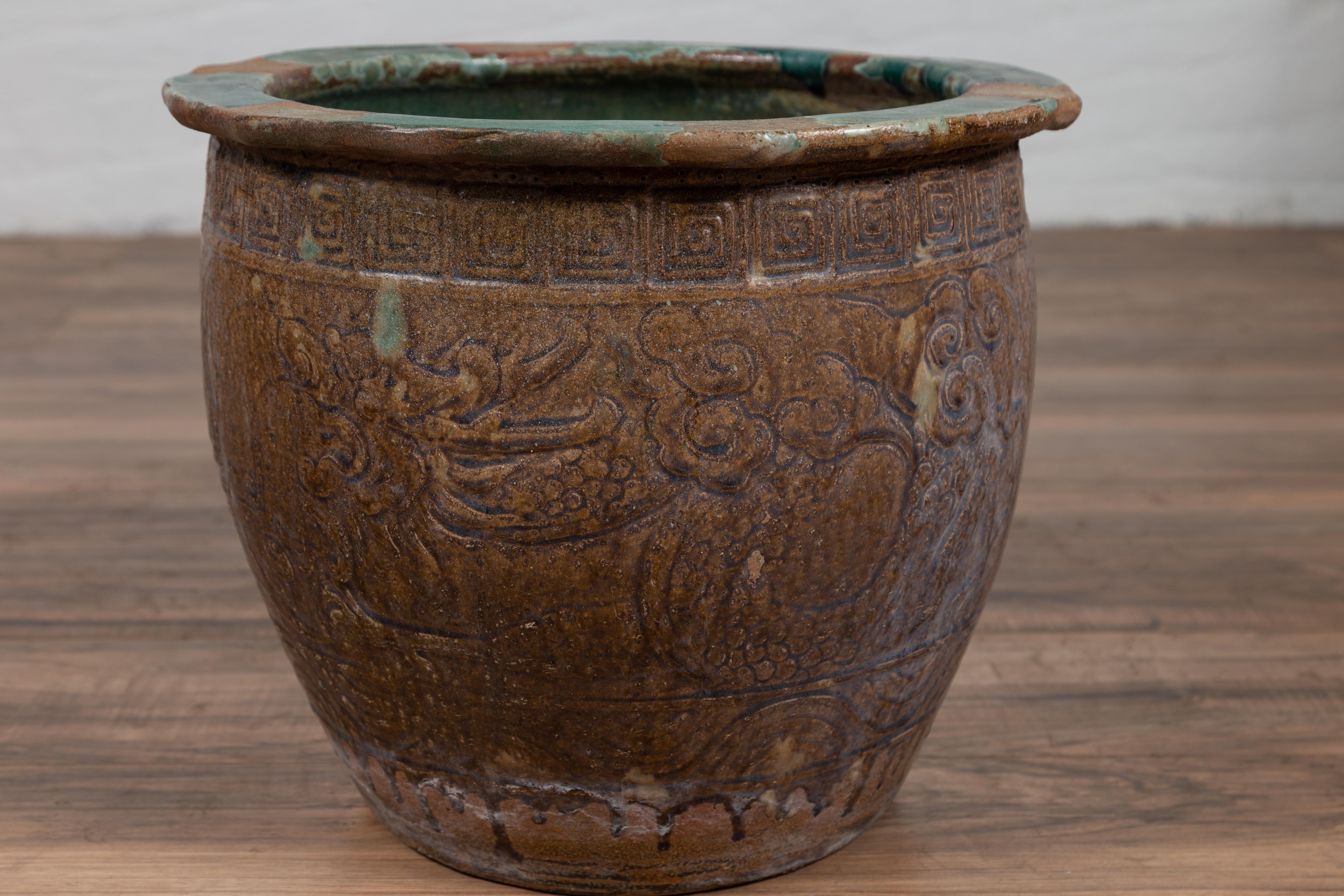 Glazed Chinese Antique Planter with Weathered Patina, Greek Key, Animals and Clouds