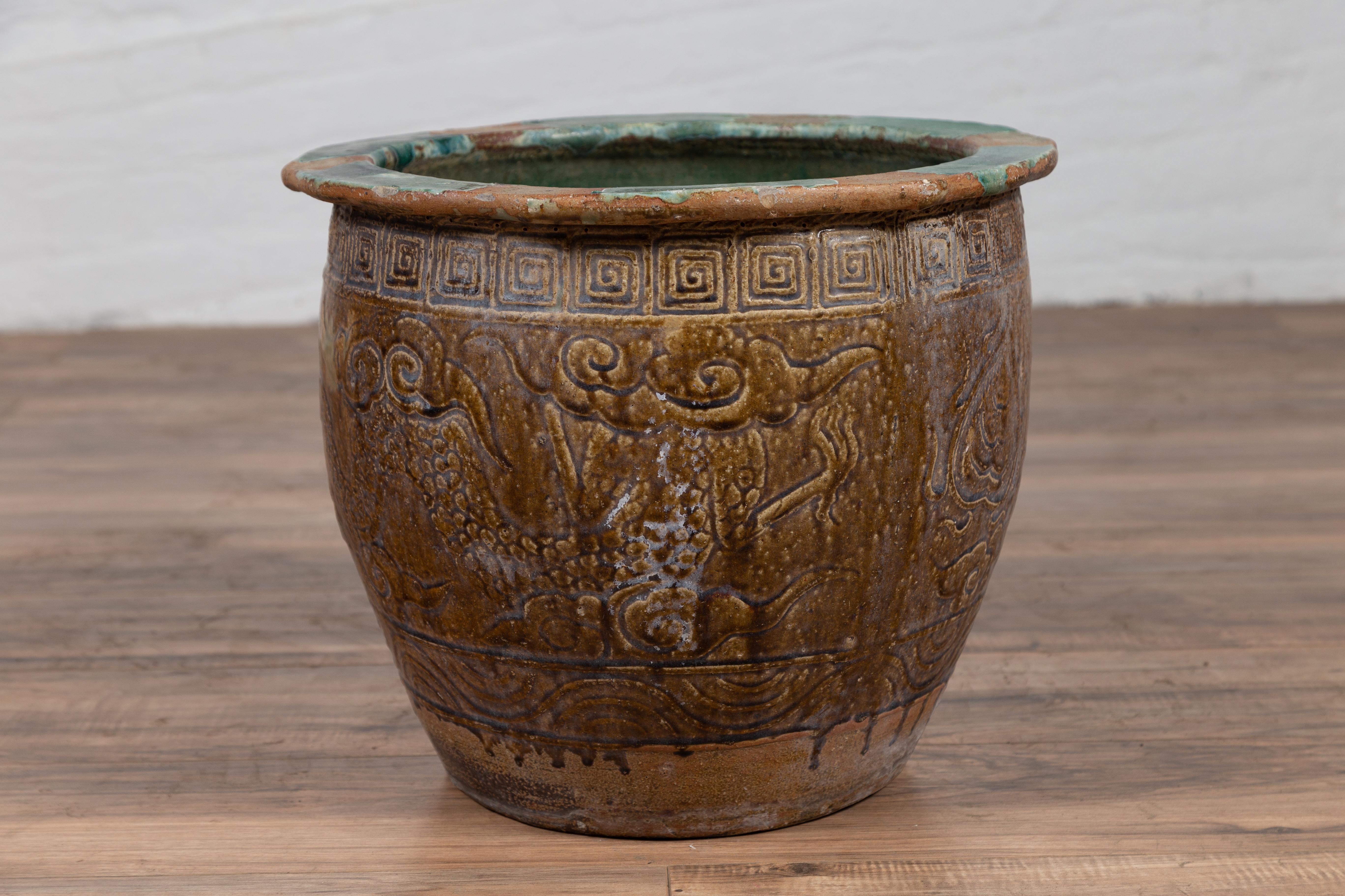 Chinese Antique Planter with Weathered Patina, Greek Key, Animals and Clouds In Fair Condition In Yonkers, NY