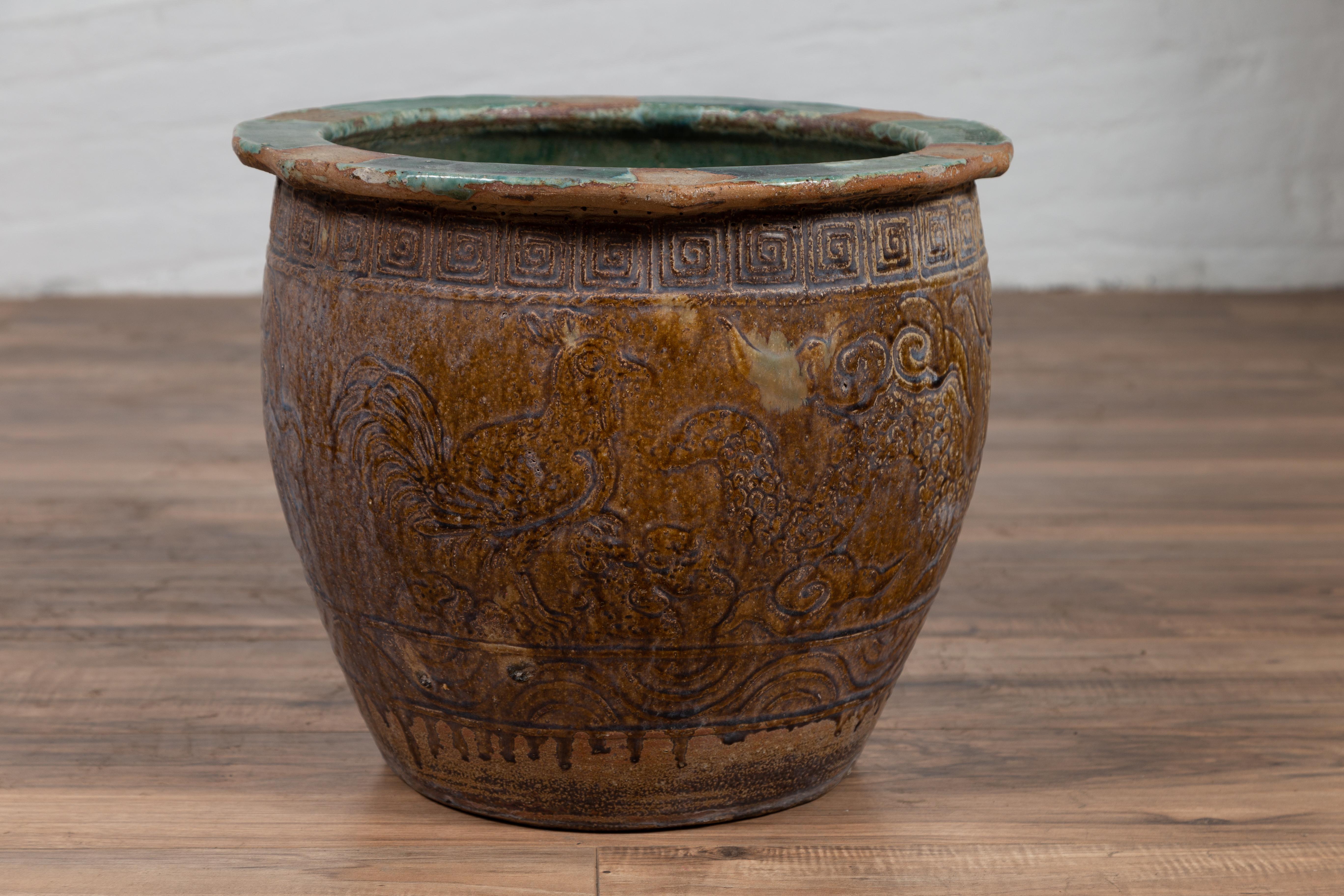 20th Century Chinese Antique Planter with Weathered Patina, Greek Key, Animals and Clouds