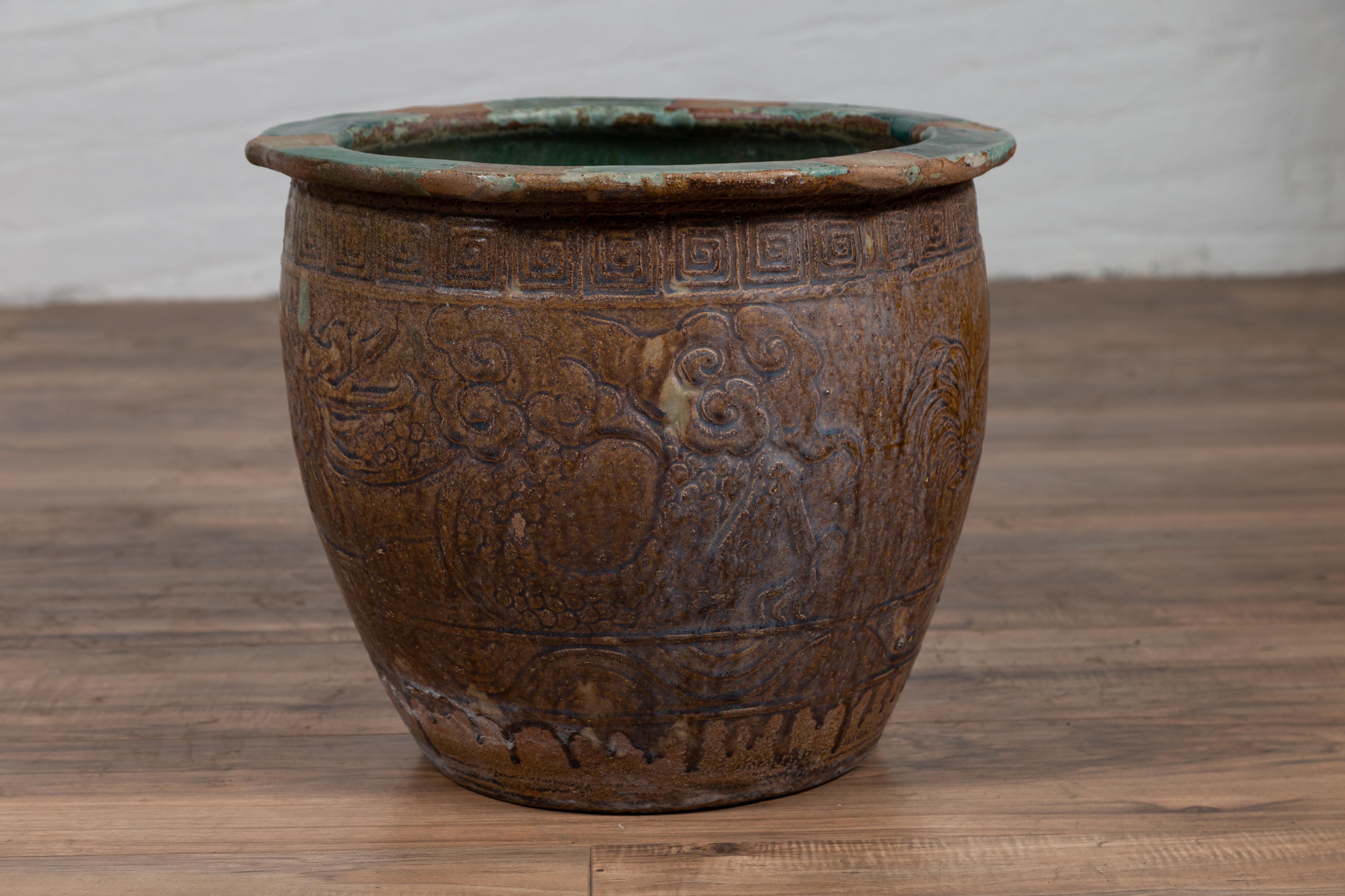 Ceramic Chinese Antique Planter with Weathered Patina, Greek Key, Animals and Clouds