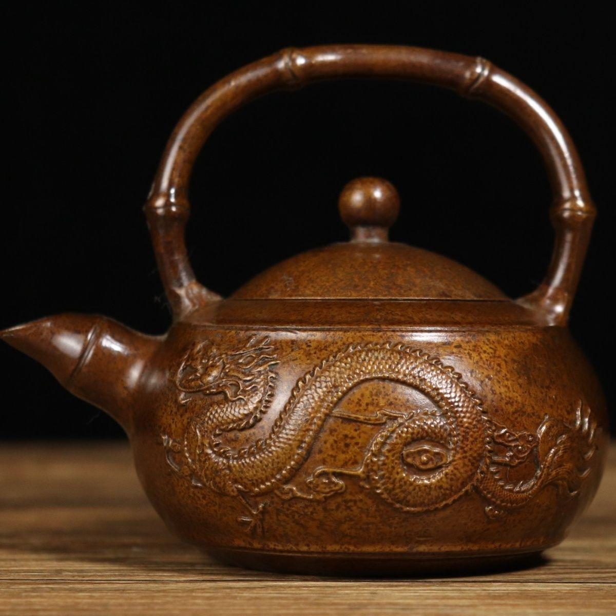 19th Century Chinese Qing Bronze Teapot with Dragon and Phoenix For Sale