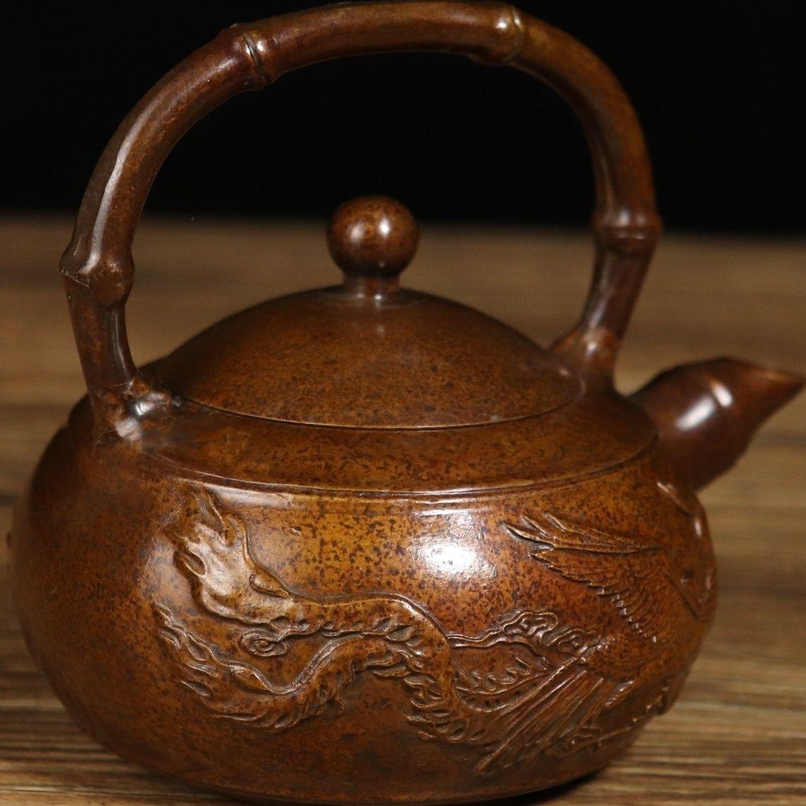Chinese Qing Bronze Teapot with Dragon and Phoenix For Sale 1