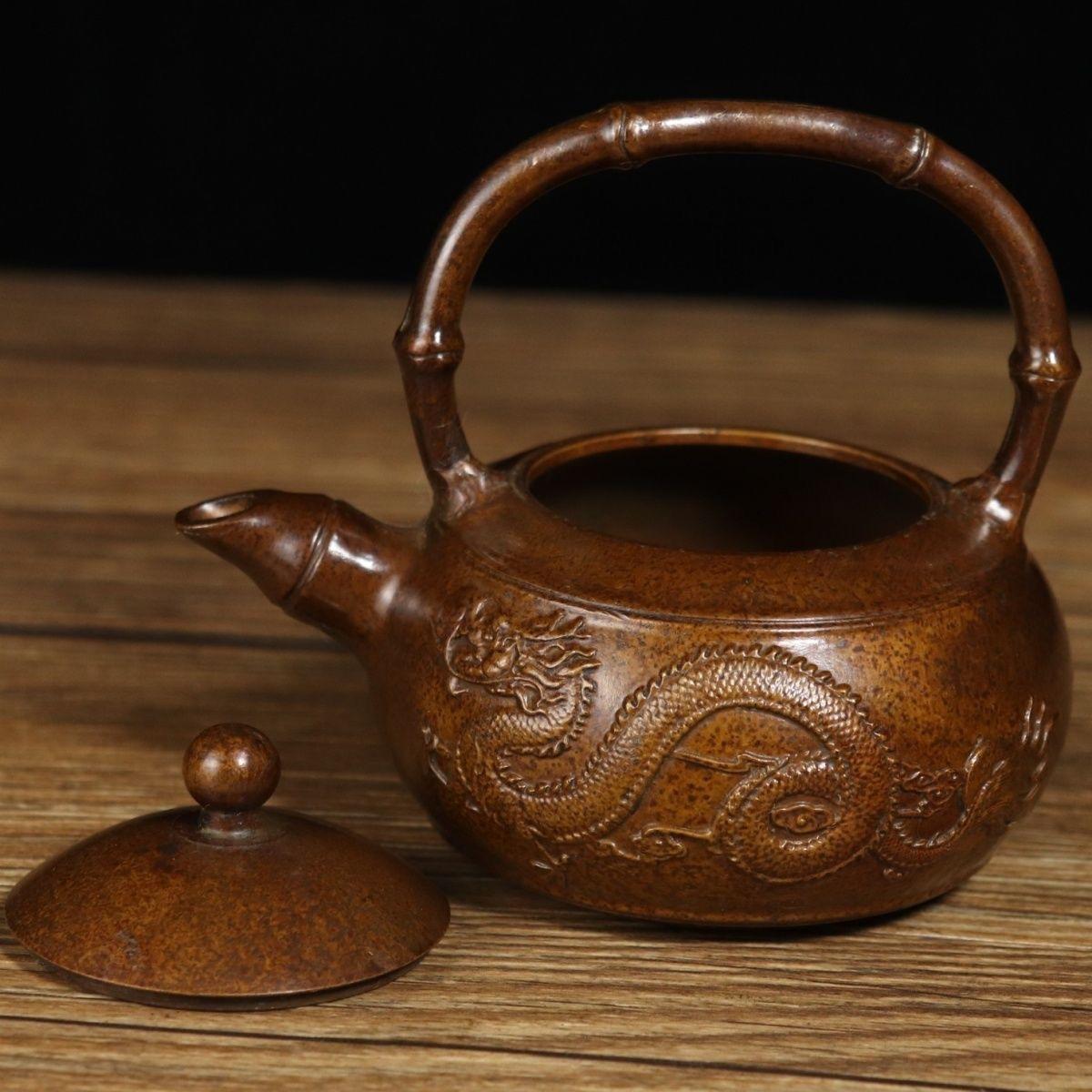 Chinese Qing Bronze Teapot with Dragon and Phoenix For Sale 2