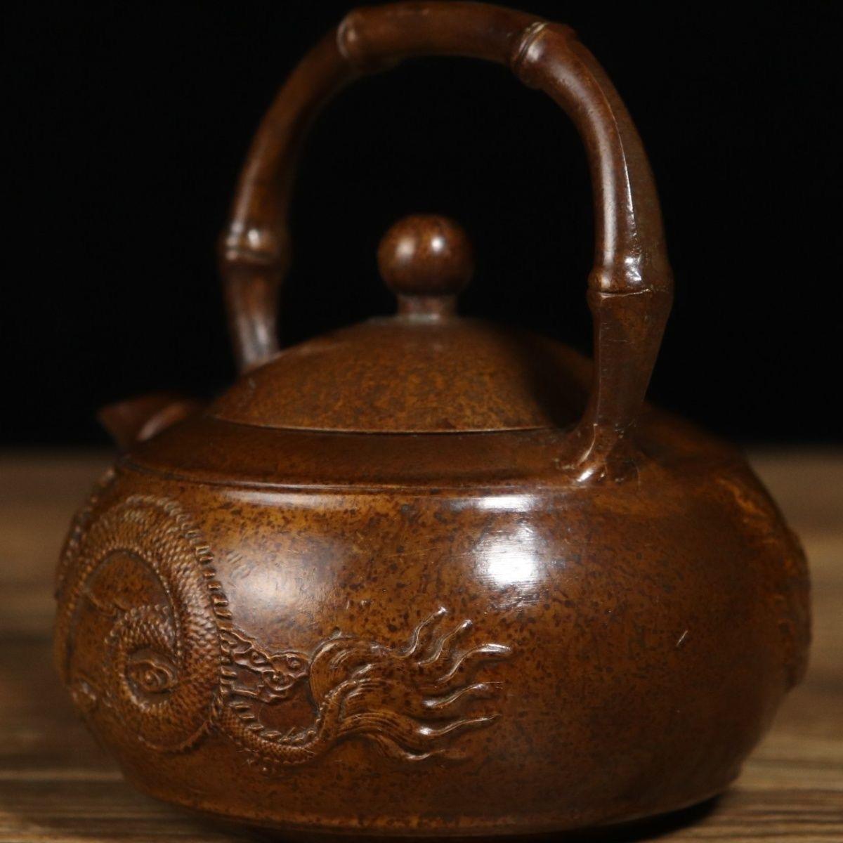 Chinese Qing Bronze Teapot with Dragon and Phoenix For Sale 3