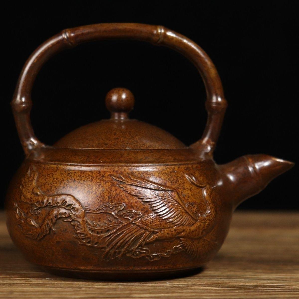 Chinese Qing Bronze Teapot with Dragon and Phoenix For Sale 4