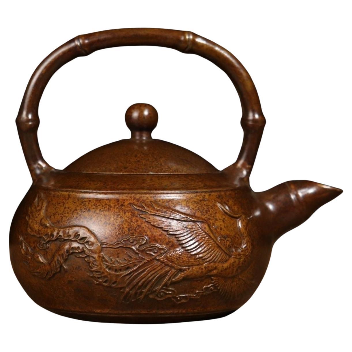 Chinese Qing Bronze Teapot with Dragon and Phoenix For Sale
