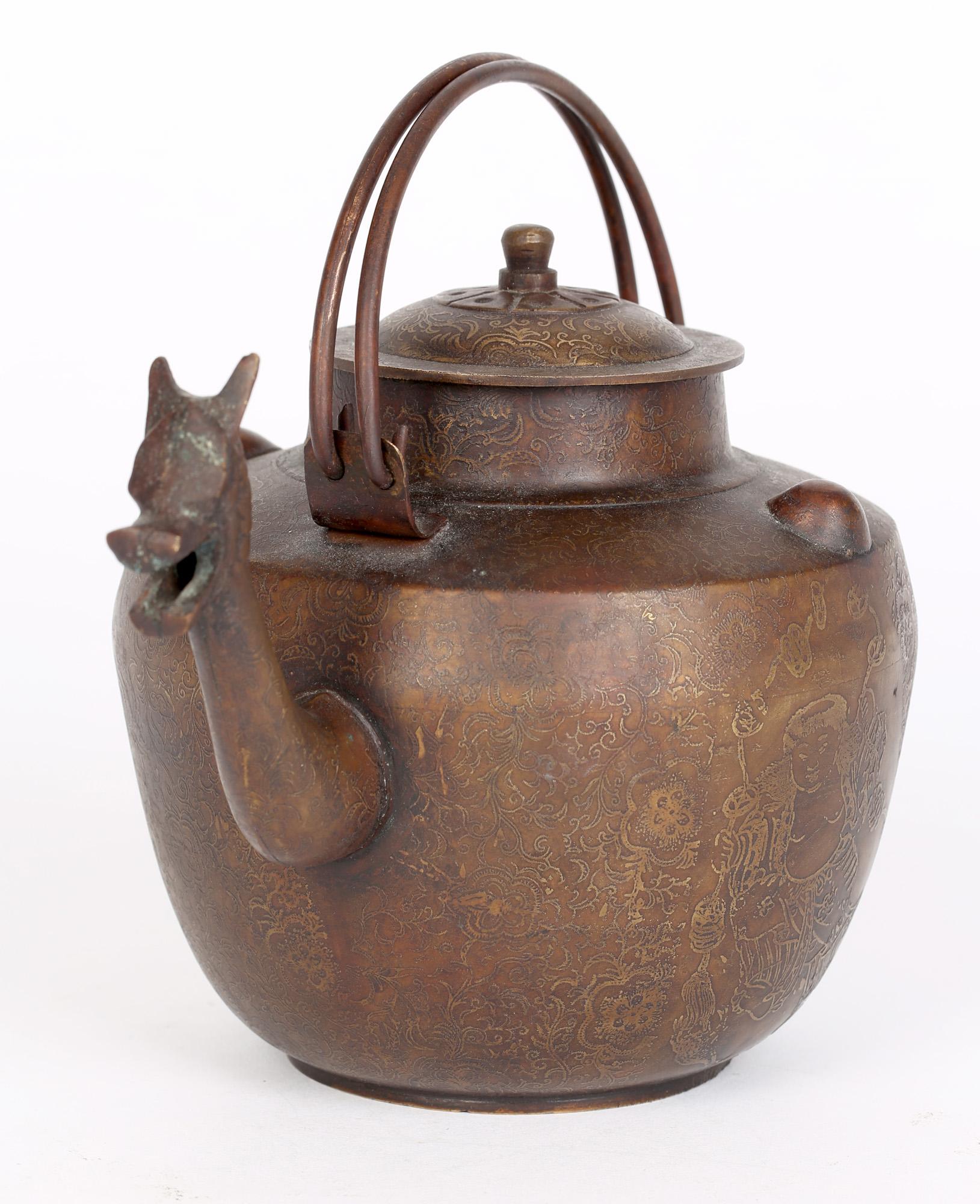 Chinese Antique Qianlong Mark Gold Inlay Bronze Teapot For Sale 3