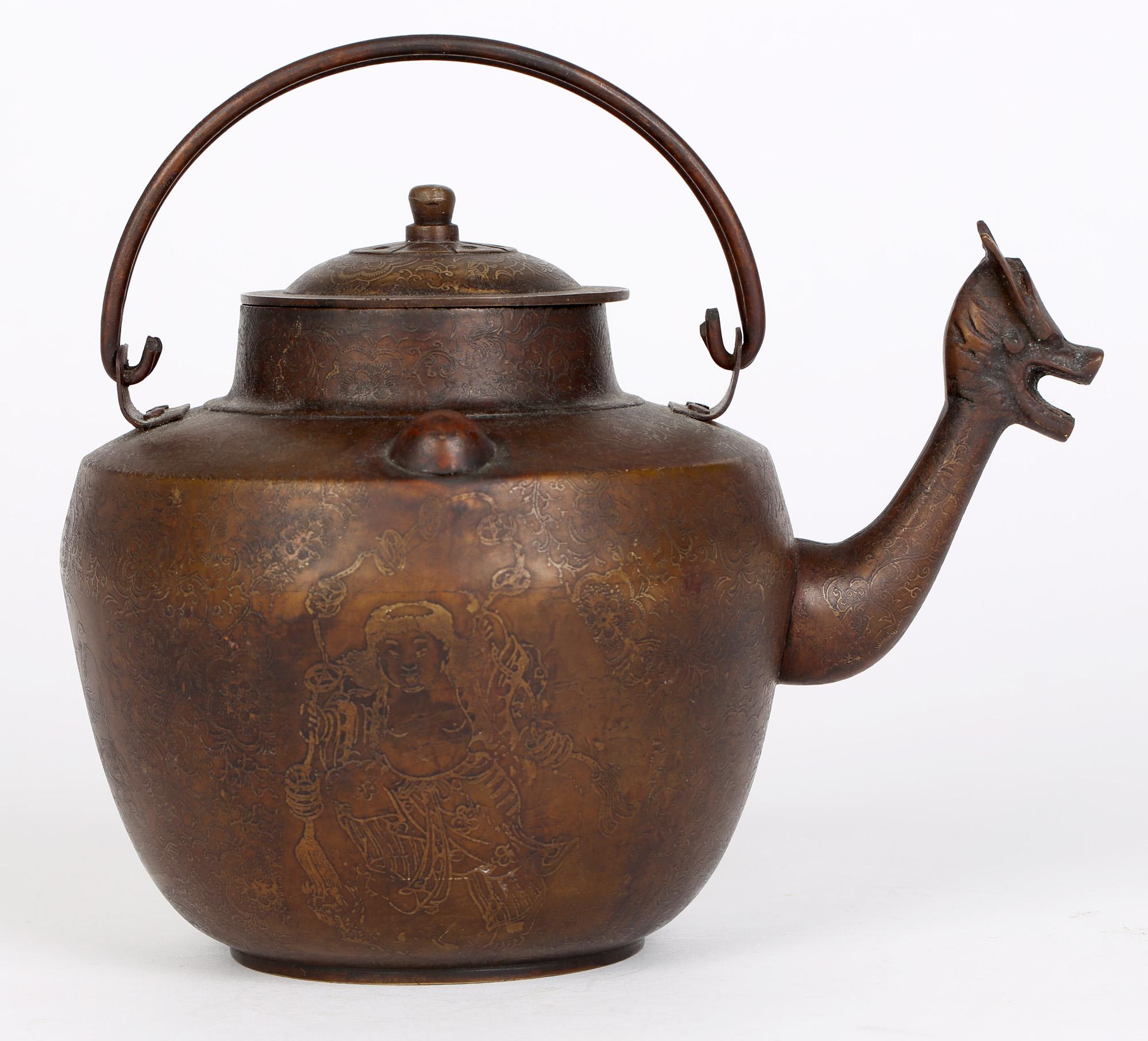 Chinese Antique Qianlong Mark Gold Inlay Bronze Teapot For Sale 8