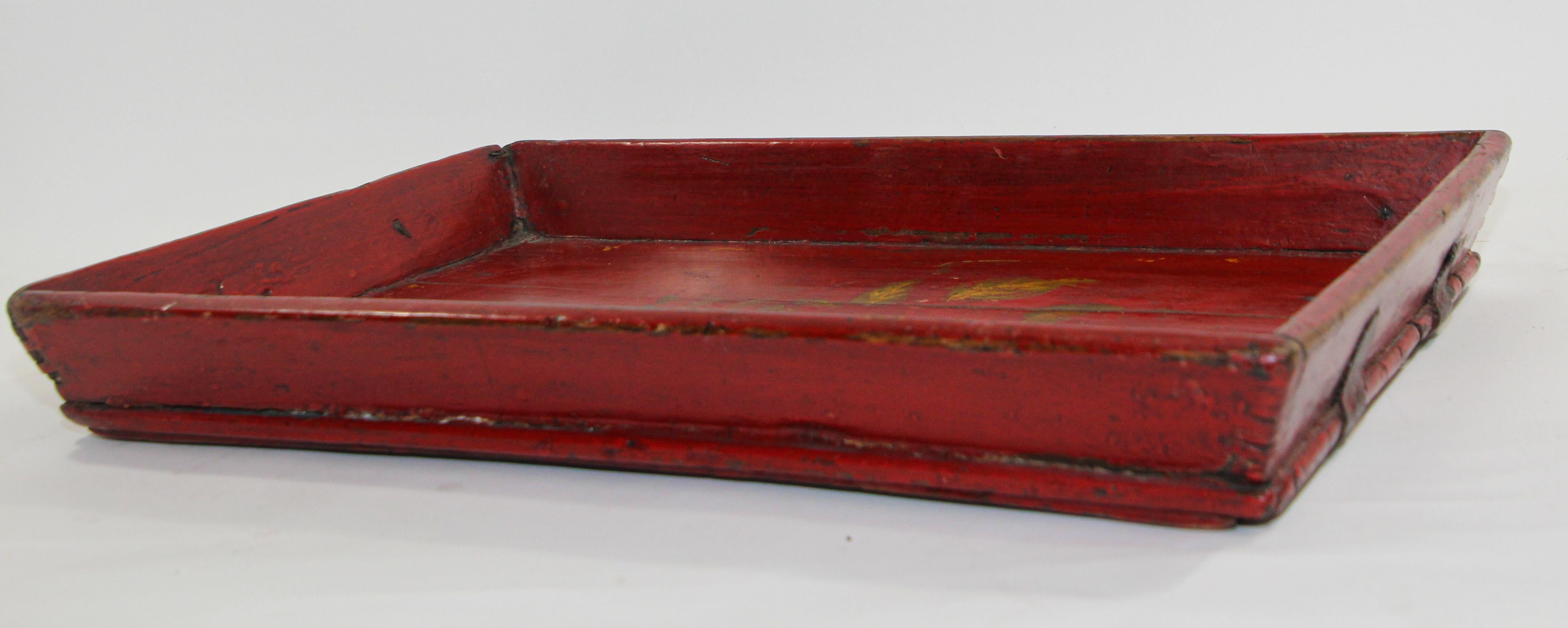 Chinese Antique Red Hand Painted Wood Serving Tray Platter 3