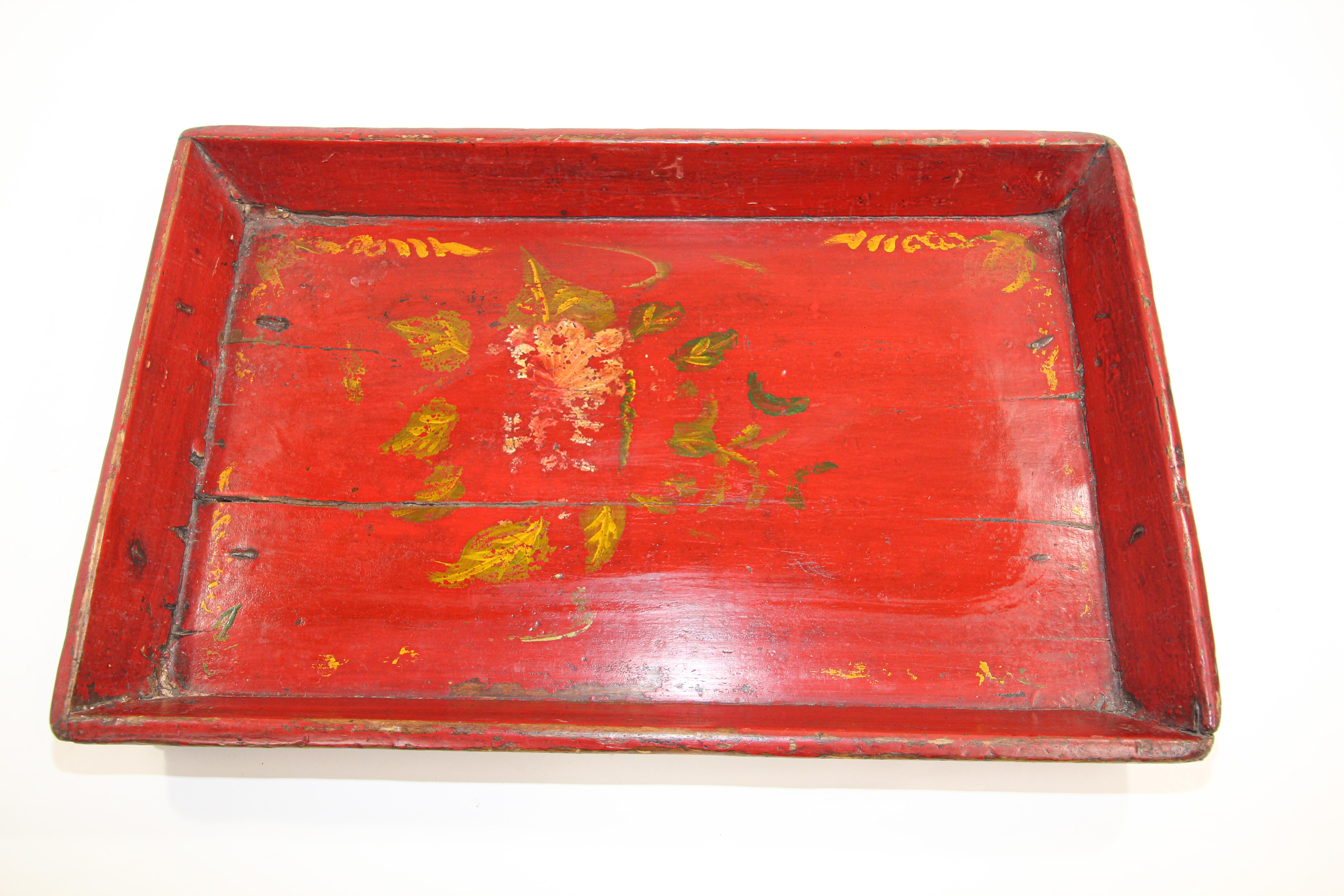 Chinese Antique Red Hand Painted Wood Serving Tray Platter 13