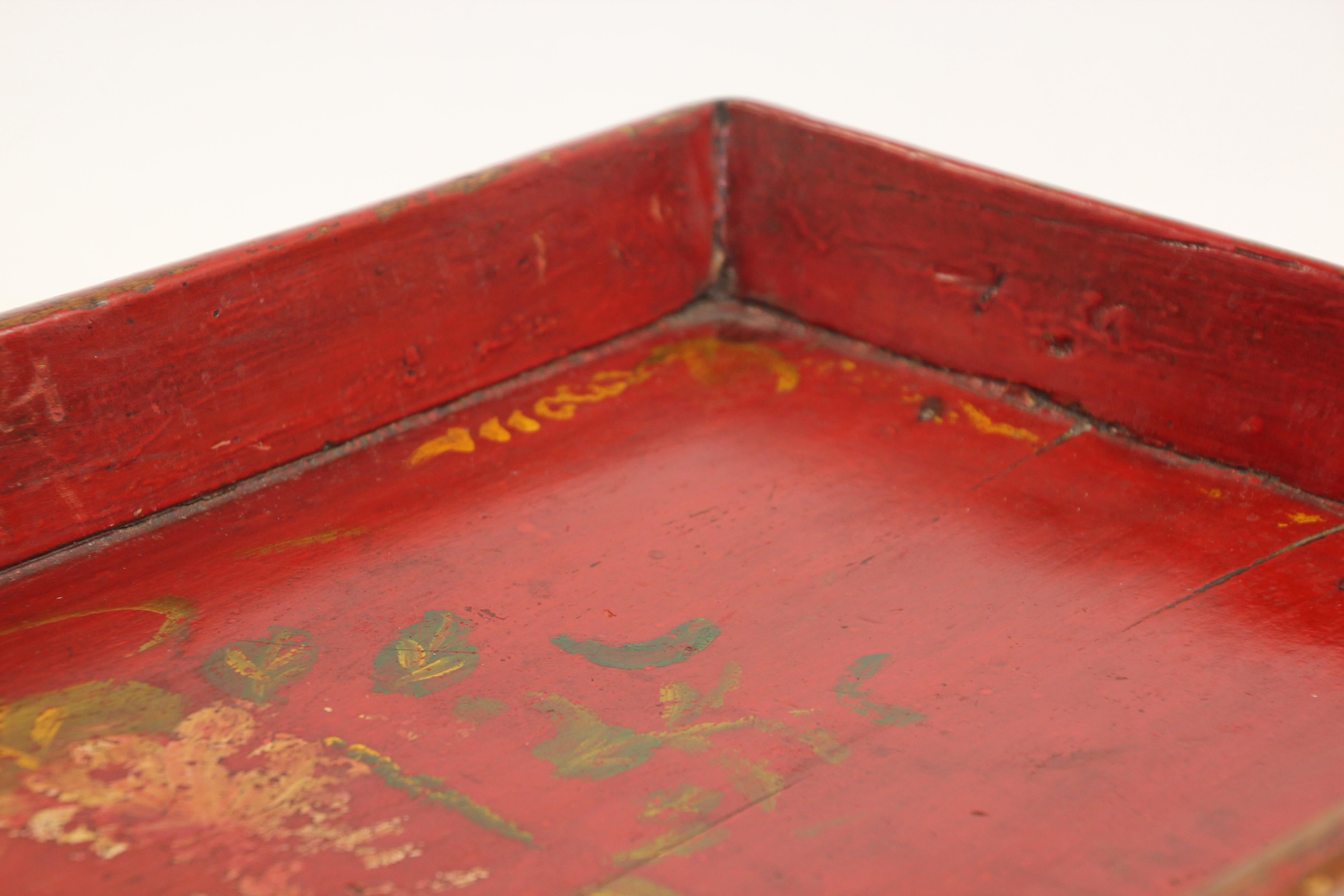 Chinoiserie Chinese Antique Red Hand Painted Wood Serving Tray Platter