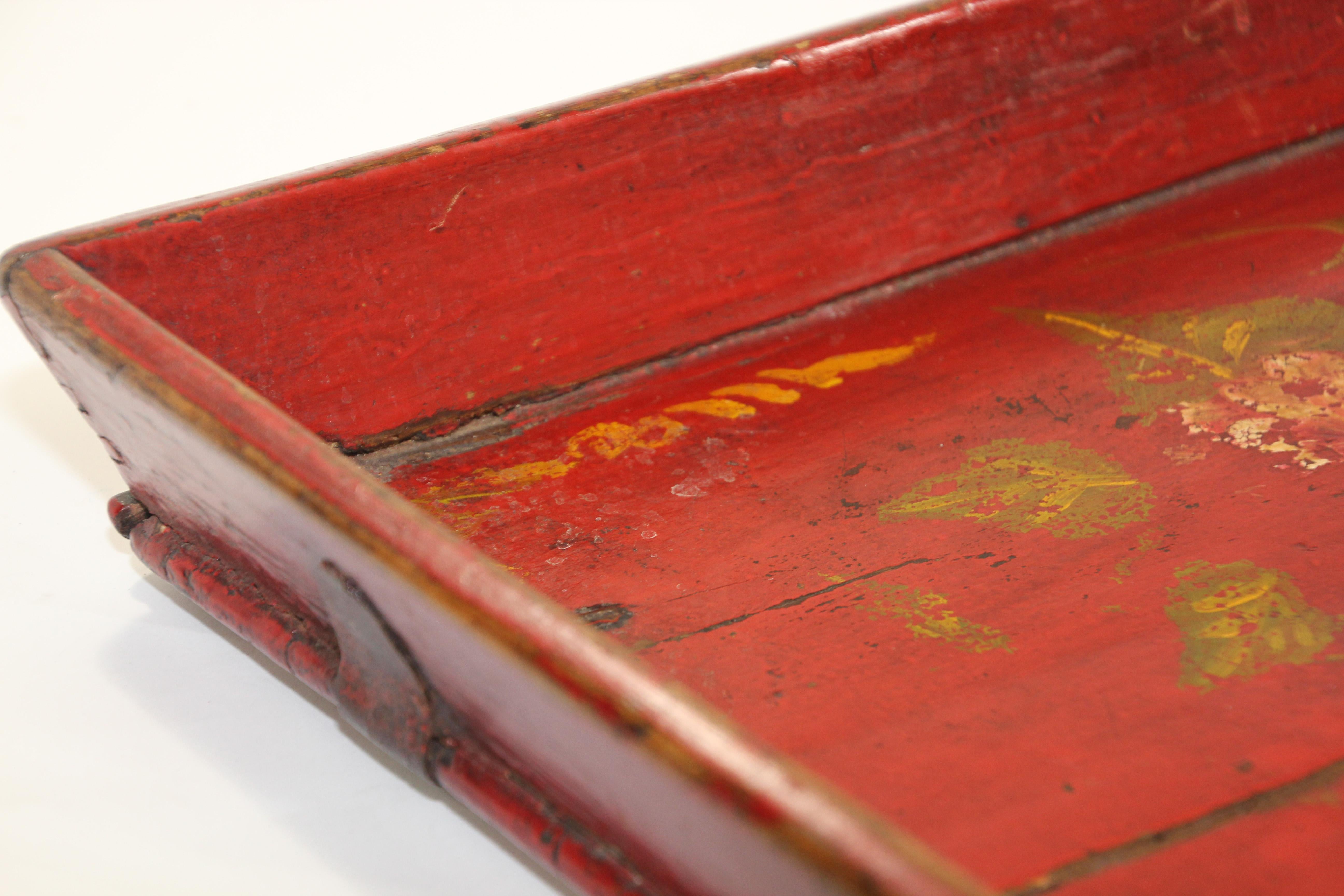 Hand-Crafted Chinese Antique Red Hand Painted Wood Serving Tray Platter