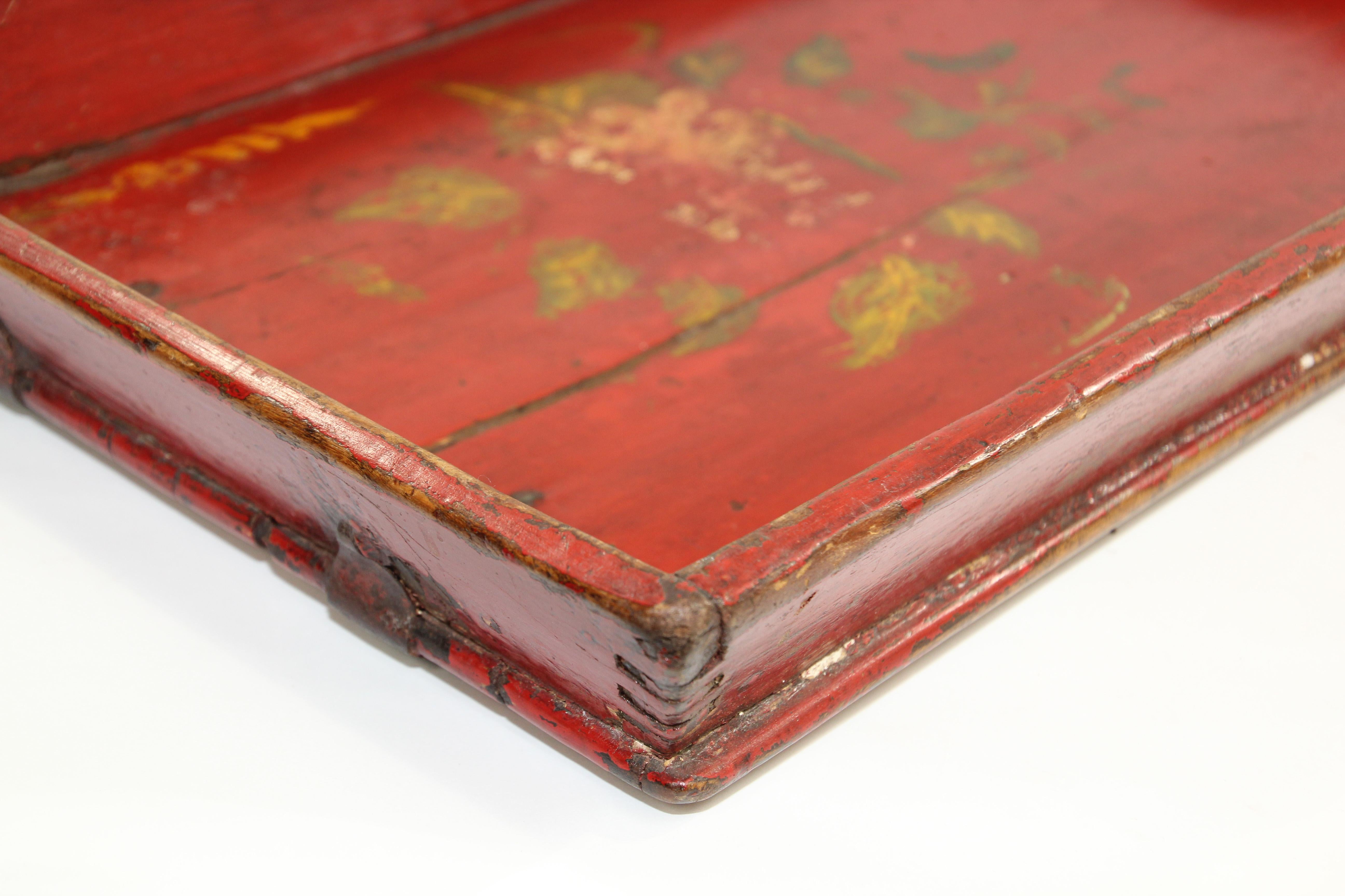 Chinese Antique Red Hand Painted Wood Serving Tray Platter In Fair Condition In North Hollywood, CA