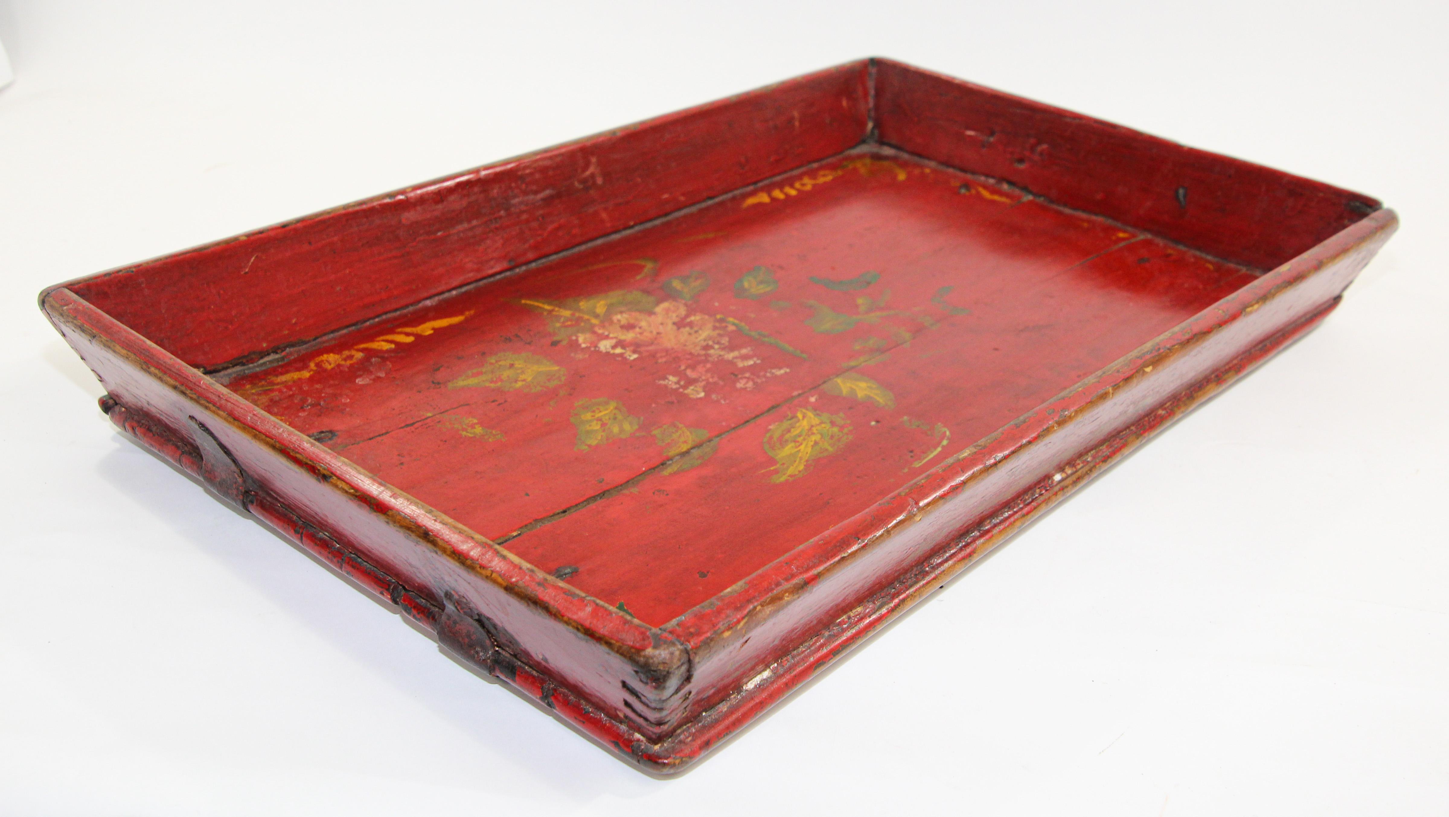 19th Century Chinese Antique Red Hand Painted Wood Serving Tray Platter