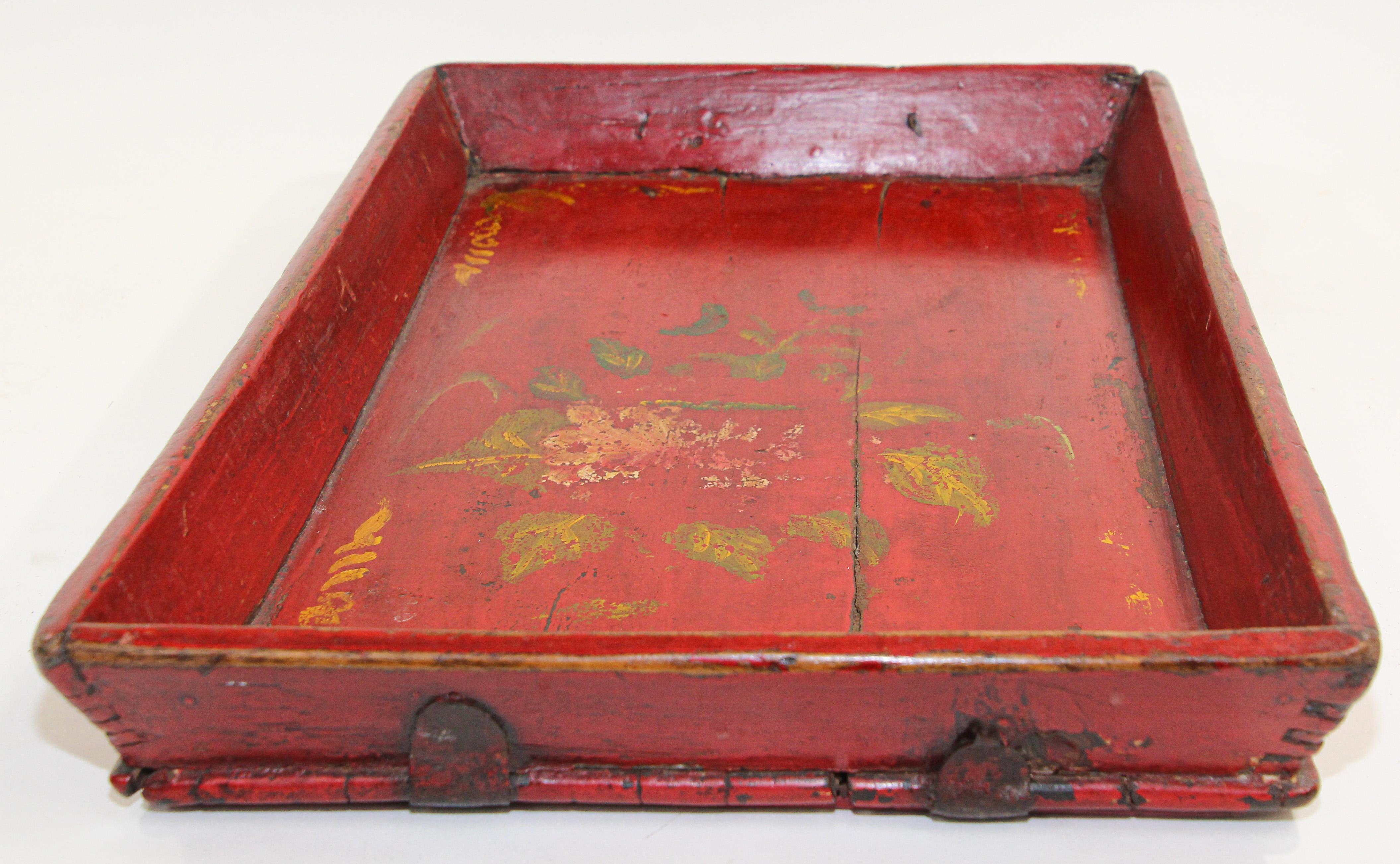 Chinese Antique Red Hand Painted Wood Serving Tray Platter 1