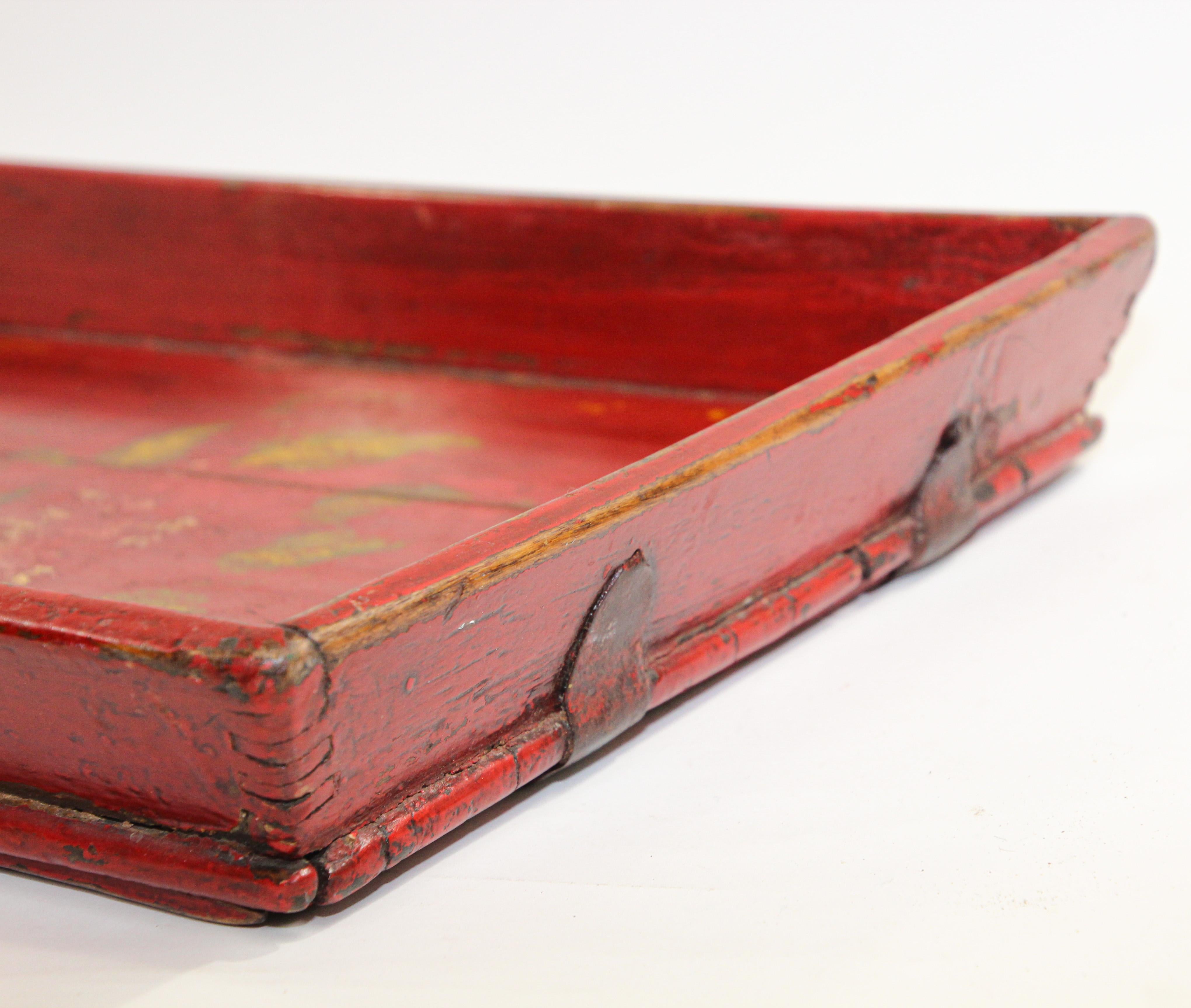 Chinese Antique Red Hand Painted Wood Serving Tray Platter 2