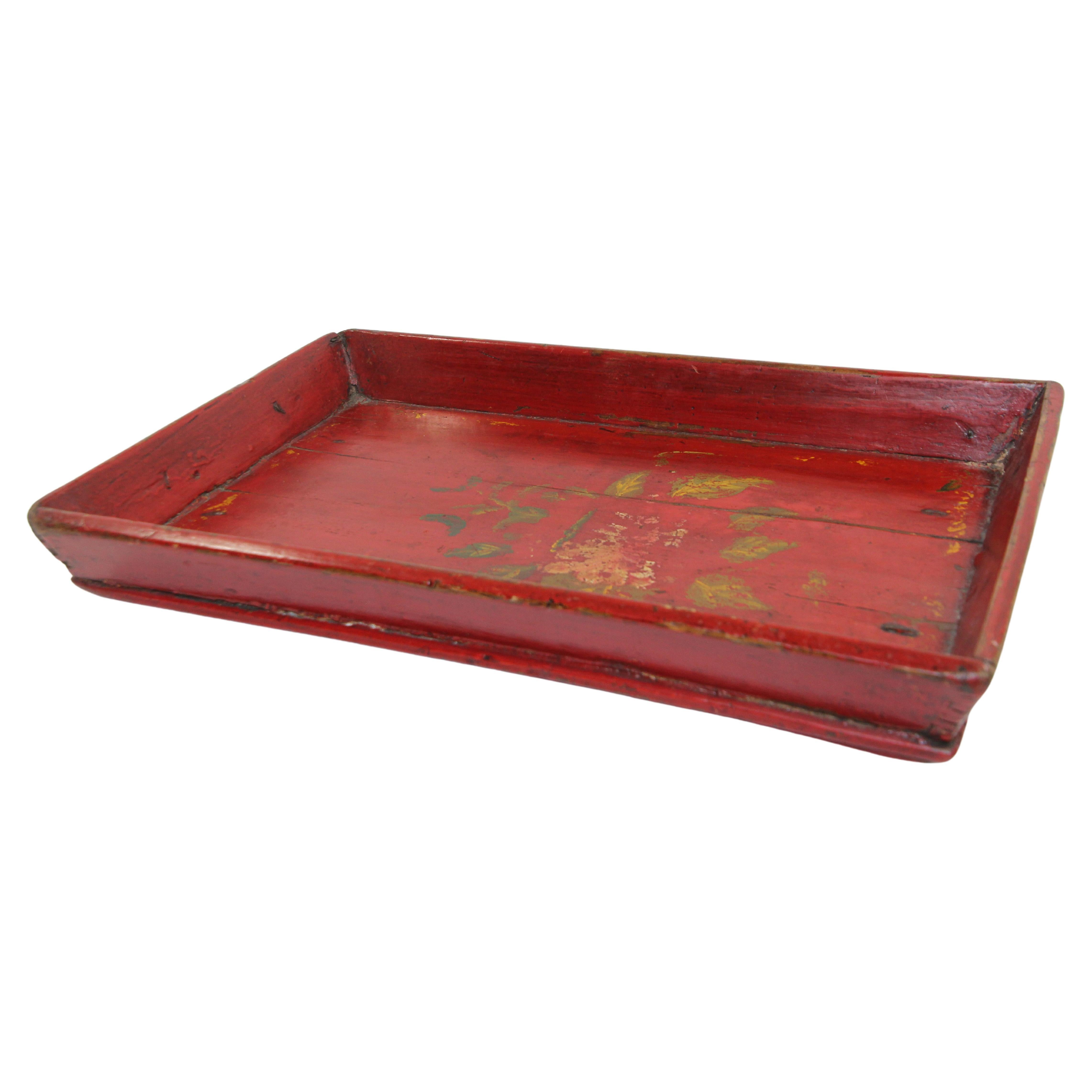 Chinese Antique Red Hand Painted Wood Serving Tray Platter