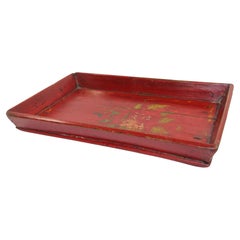 Chinese Antique Red Hand Painted Wood Serving Tray Platter