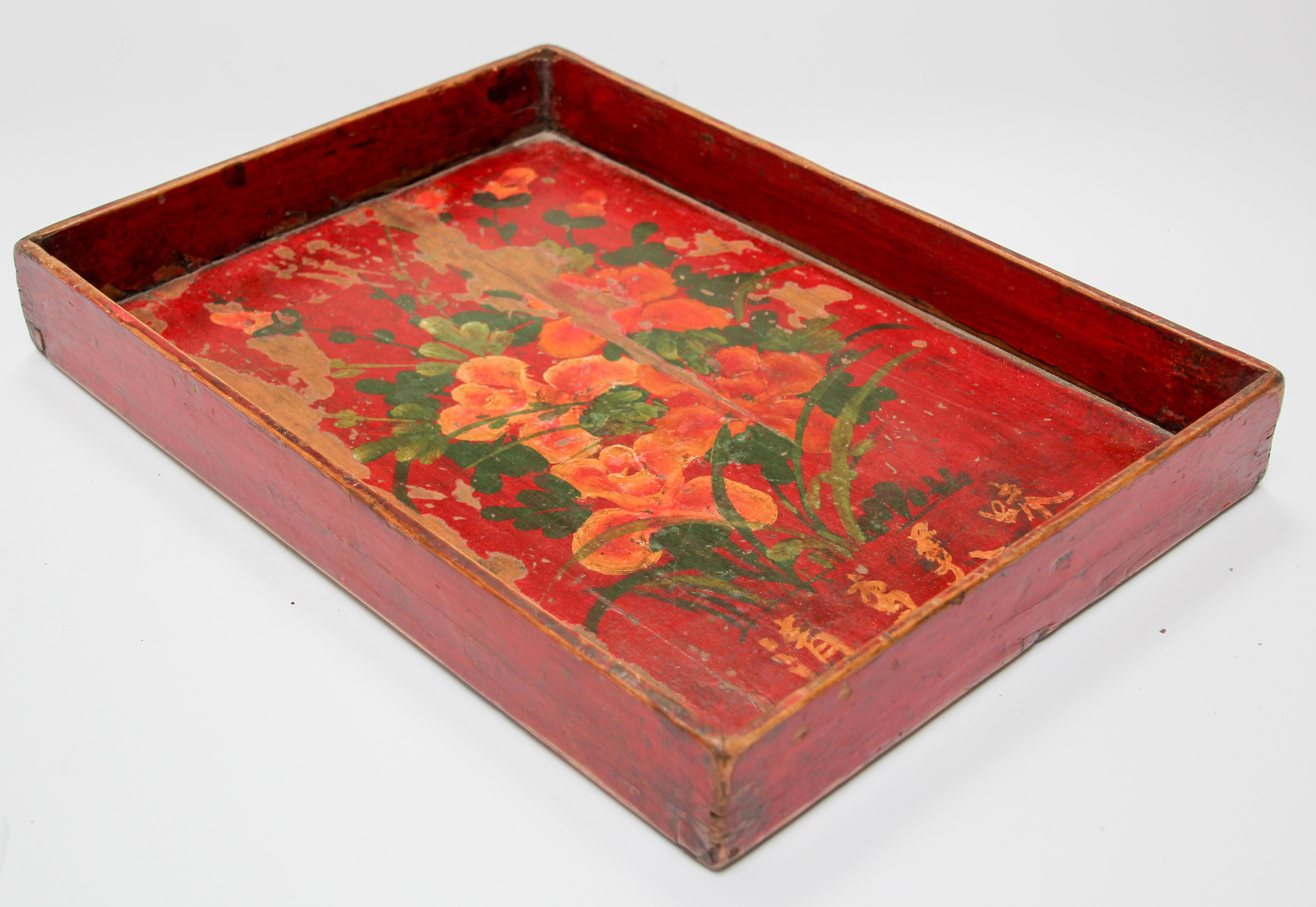 Chinese Antique Red Hand painted Wood Tray 5
