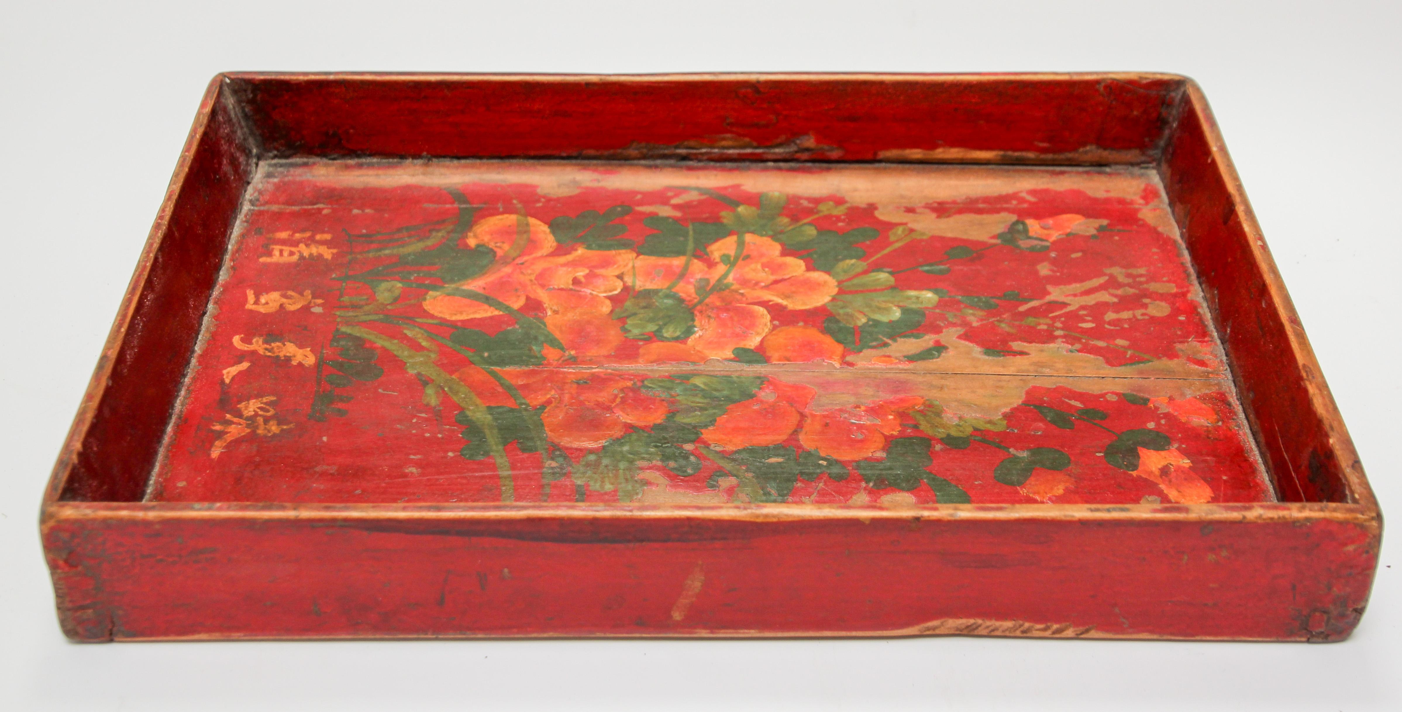 Chinese Antique Red Hand painted Wood Tray 10