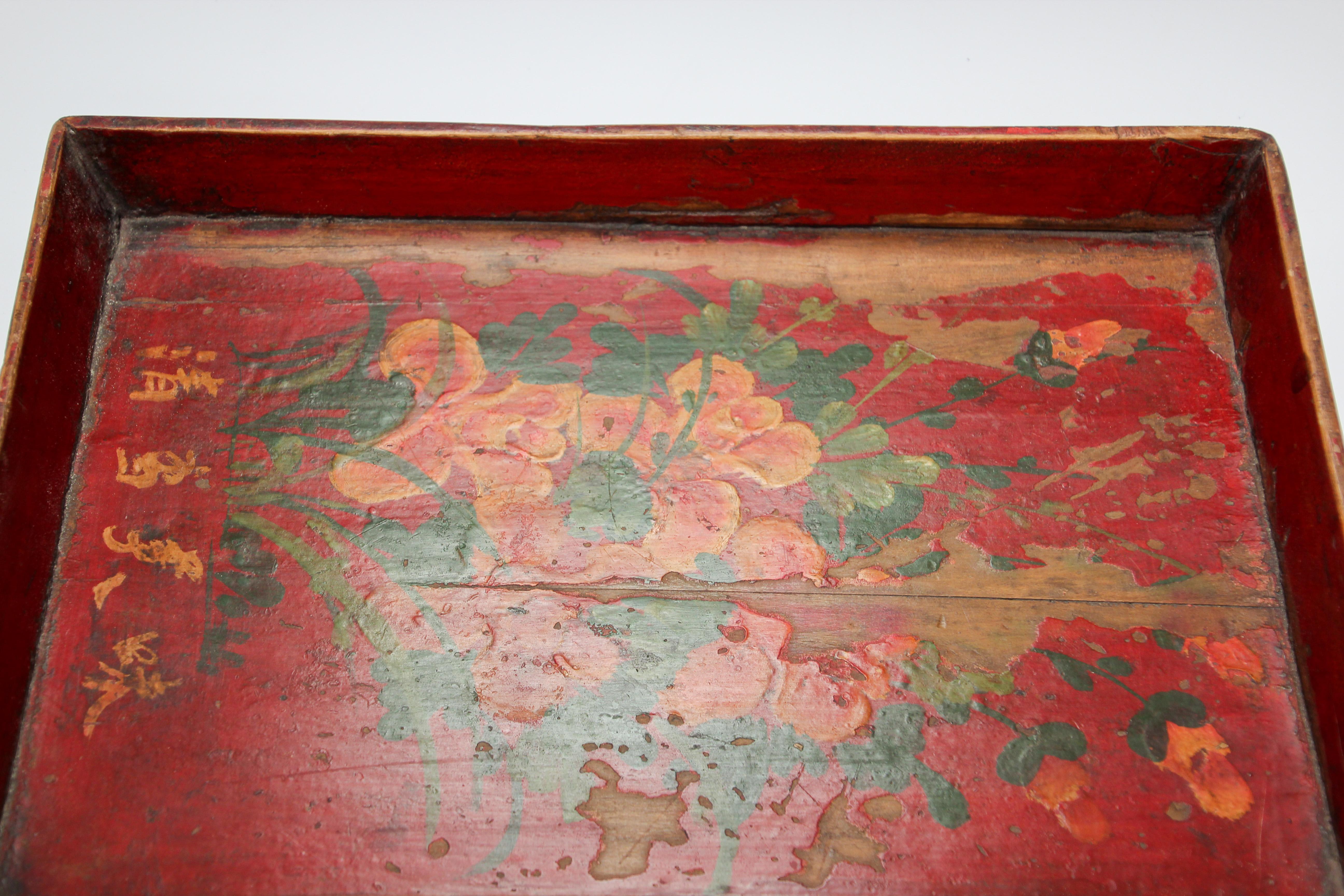 Chinoiserie Chinese Antique Red Hand painted Wood Tray