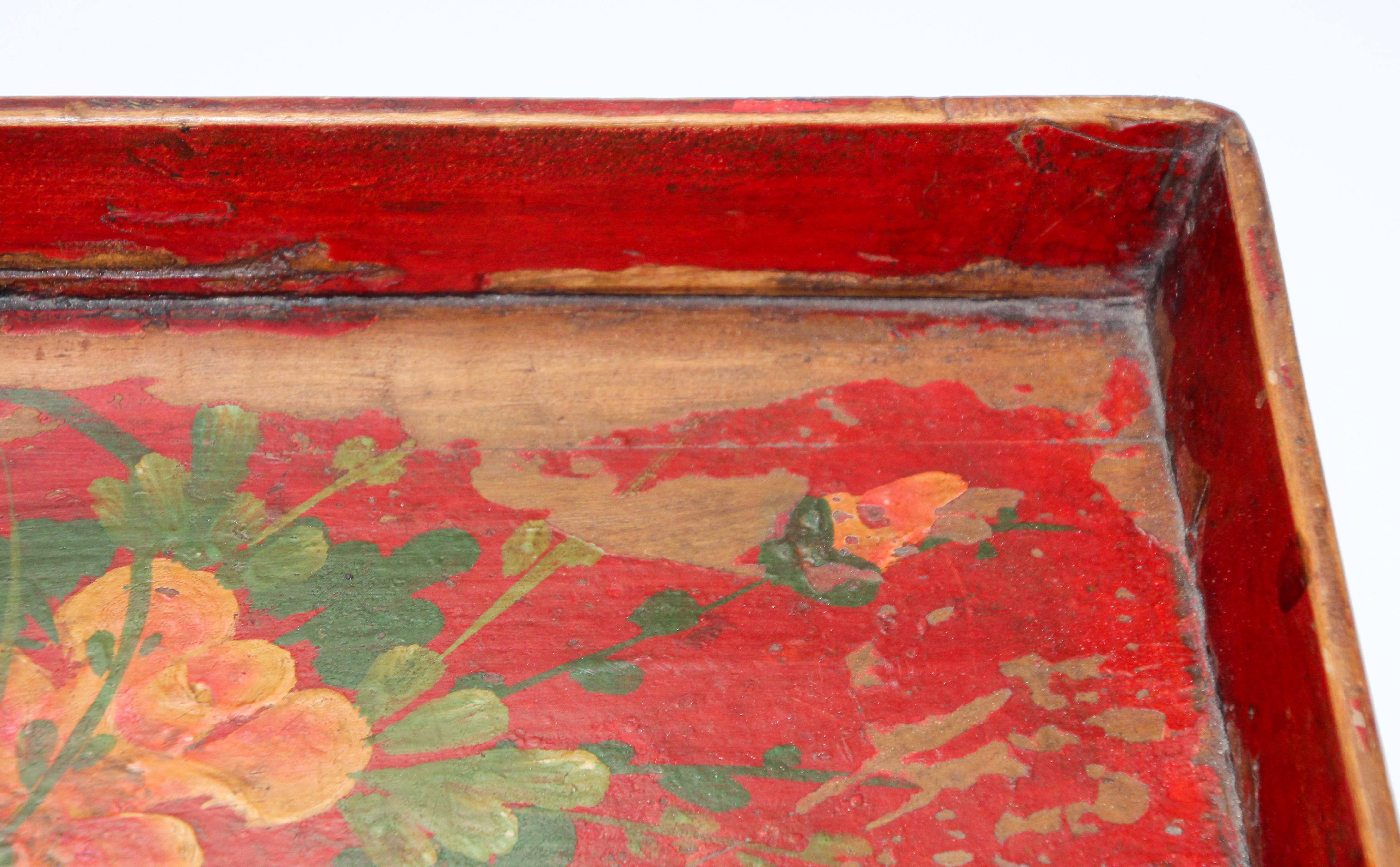 Chinese Antique Red Hand painted Wood Tray In Fair Condition In North Hollywood, CA