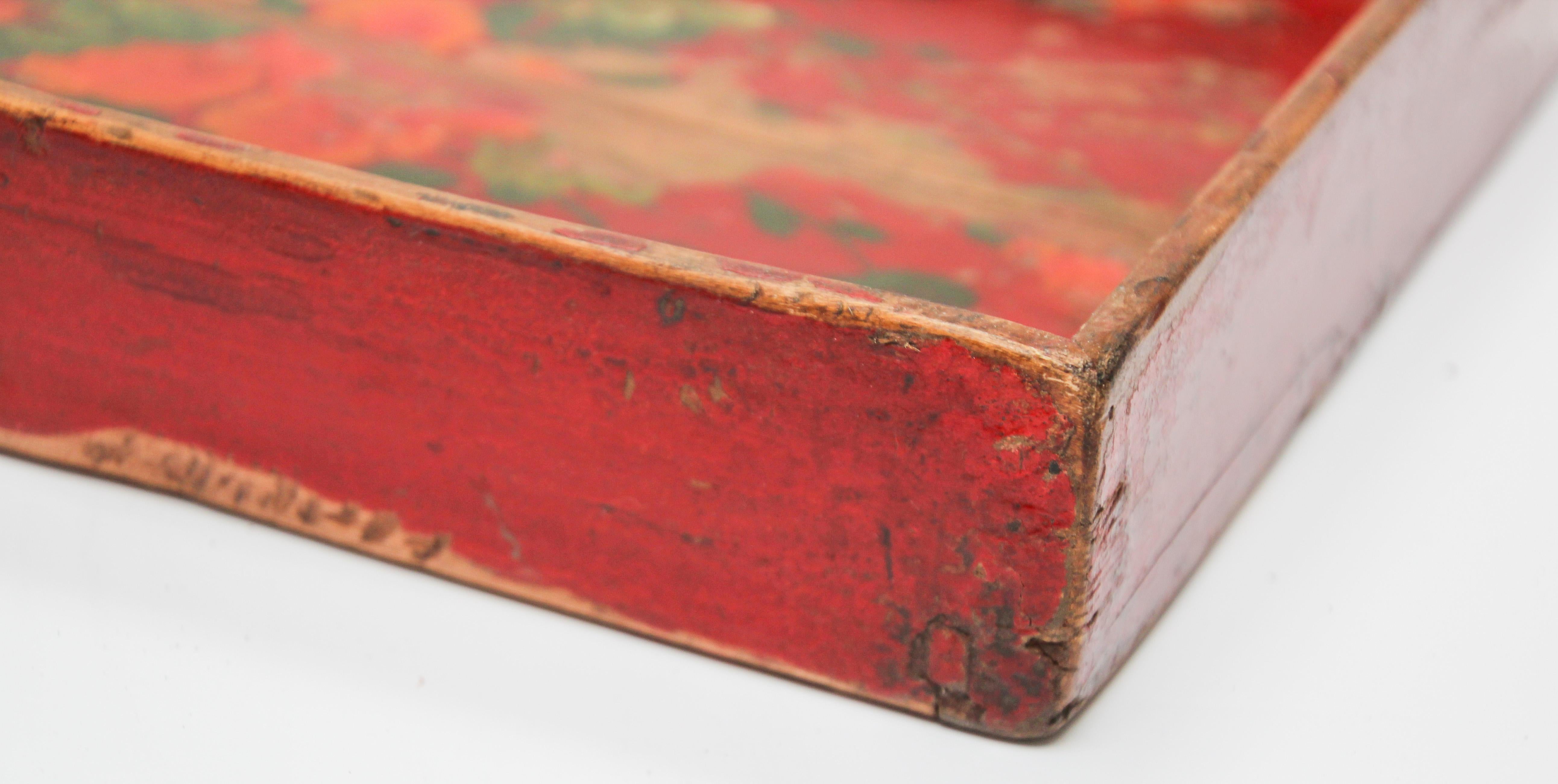 19th Century Chinese Antique Red Hand painted Wood Tray