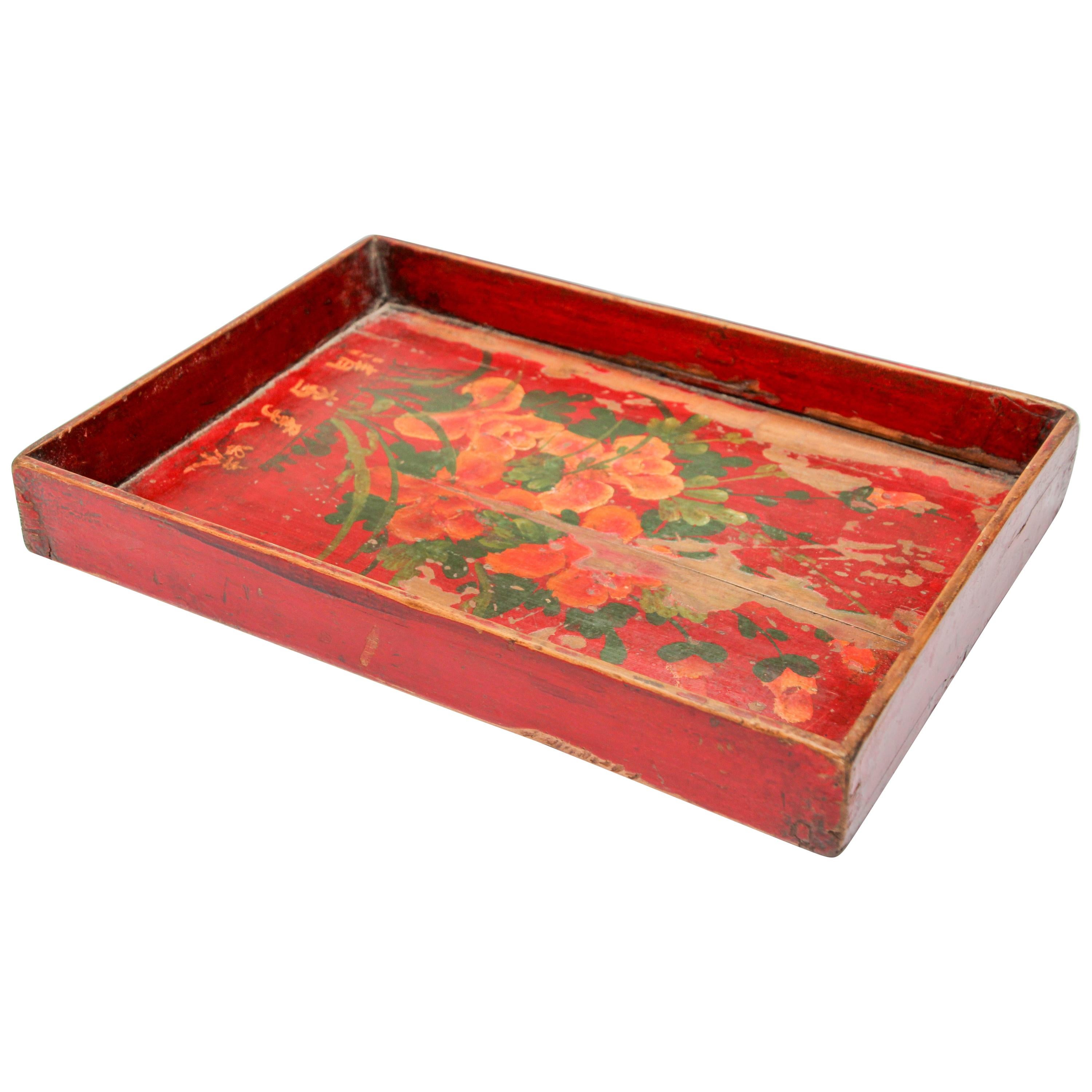 Chinese Antique Red Hand painted Wood Tray