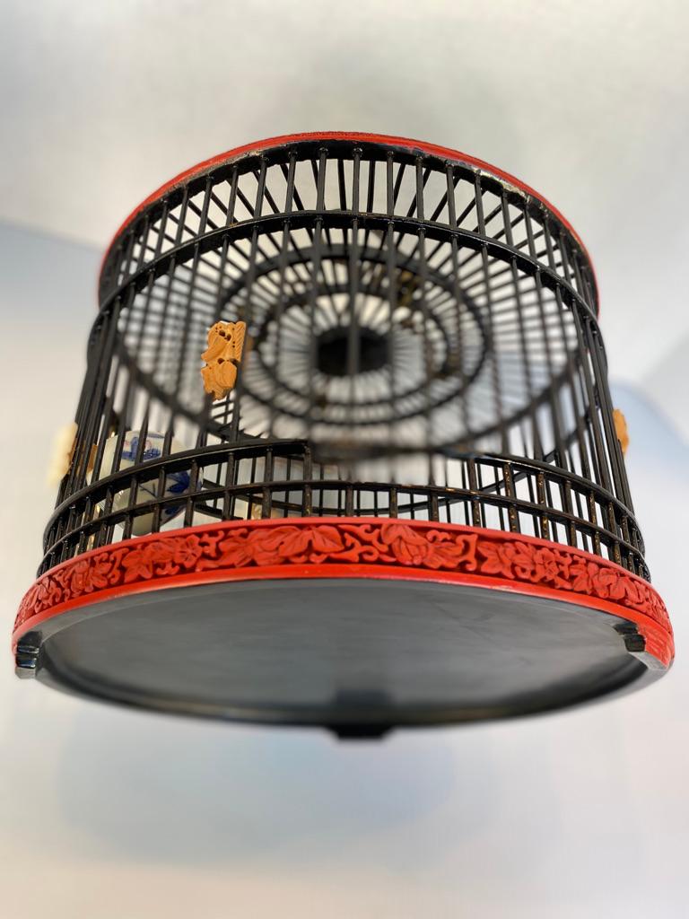Chinese Antique Red Lacquer Birdcage In Good Condition In Sarasota, FL
