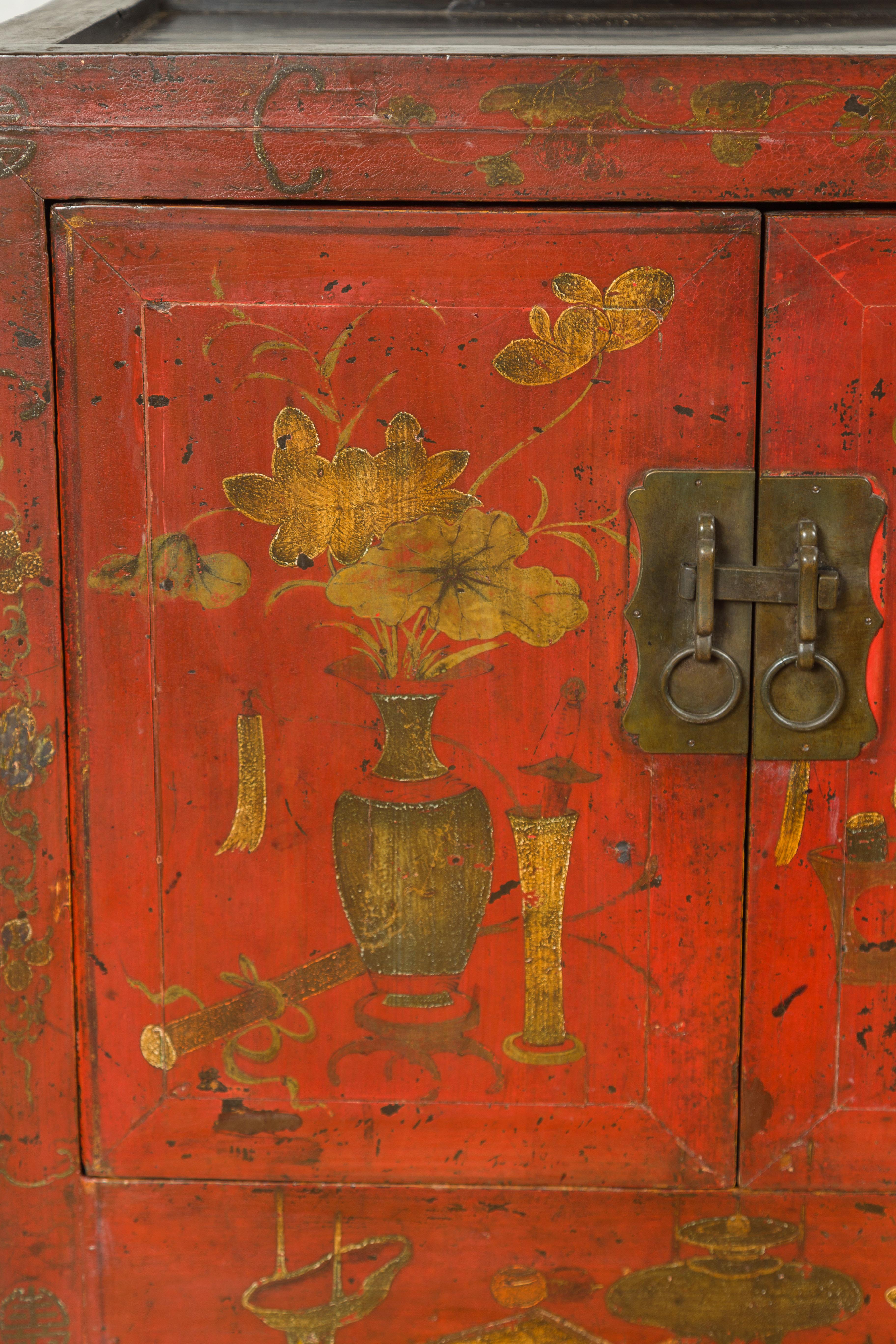 Chinese Antique Red Lacquered Armoire with Distressed Gold Floral Motifs In Good Condition In Yonkers, NY