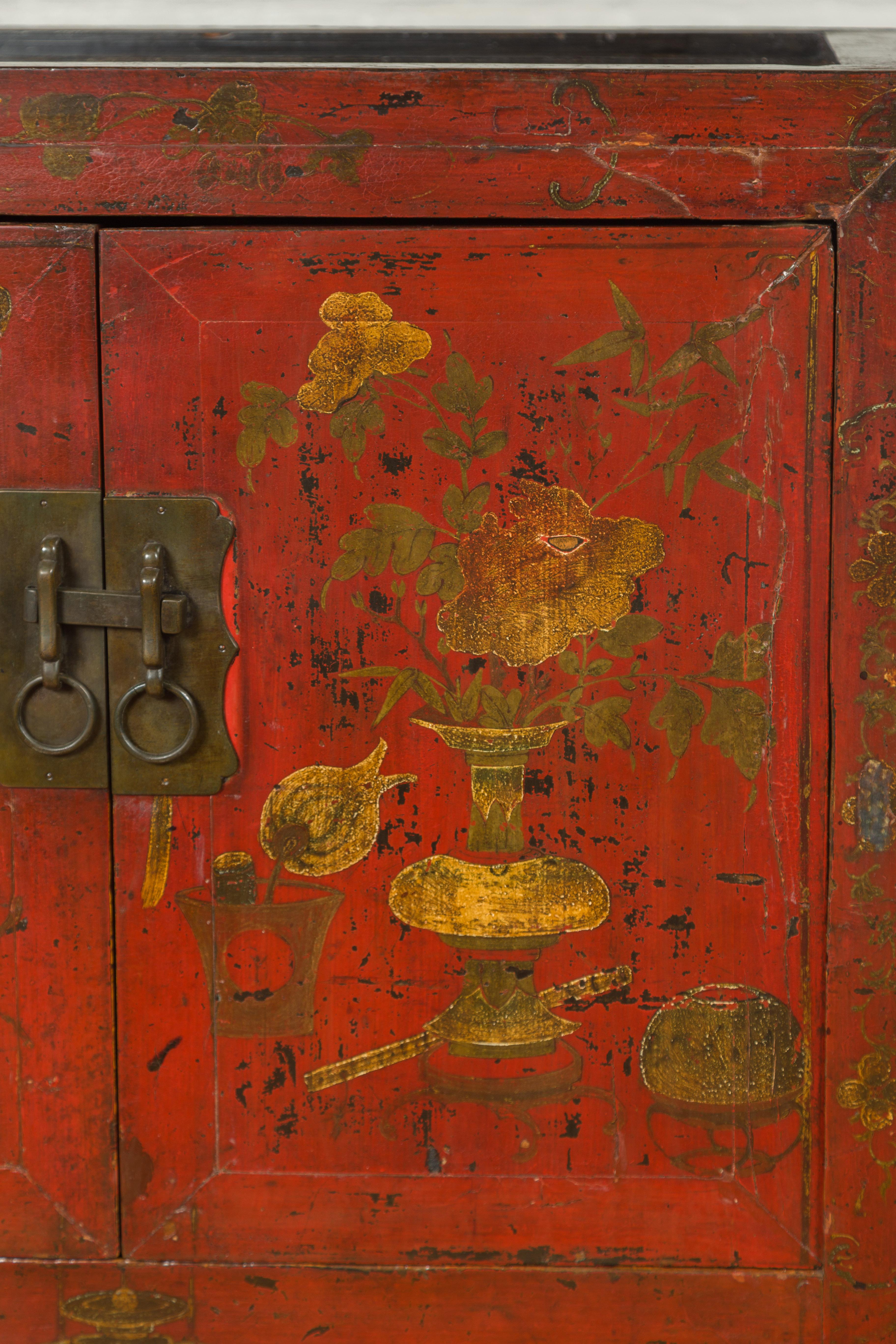 19th Century Chinese Antique Red Lacquered Armoire with Distressed Gold Floral Motifs