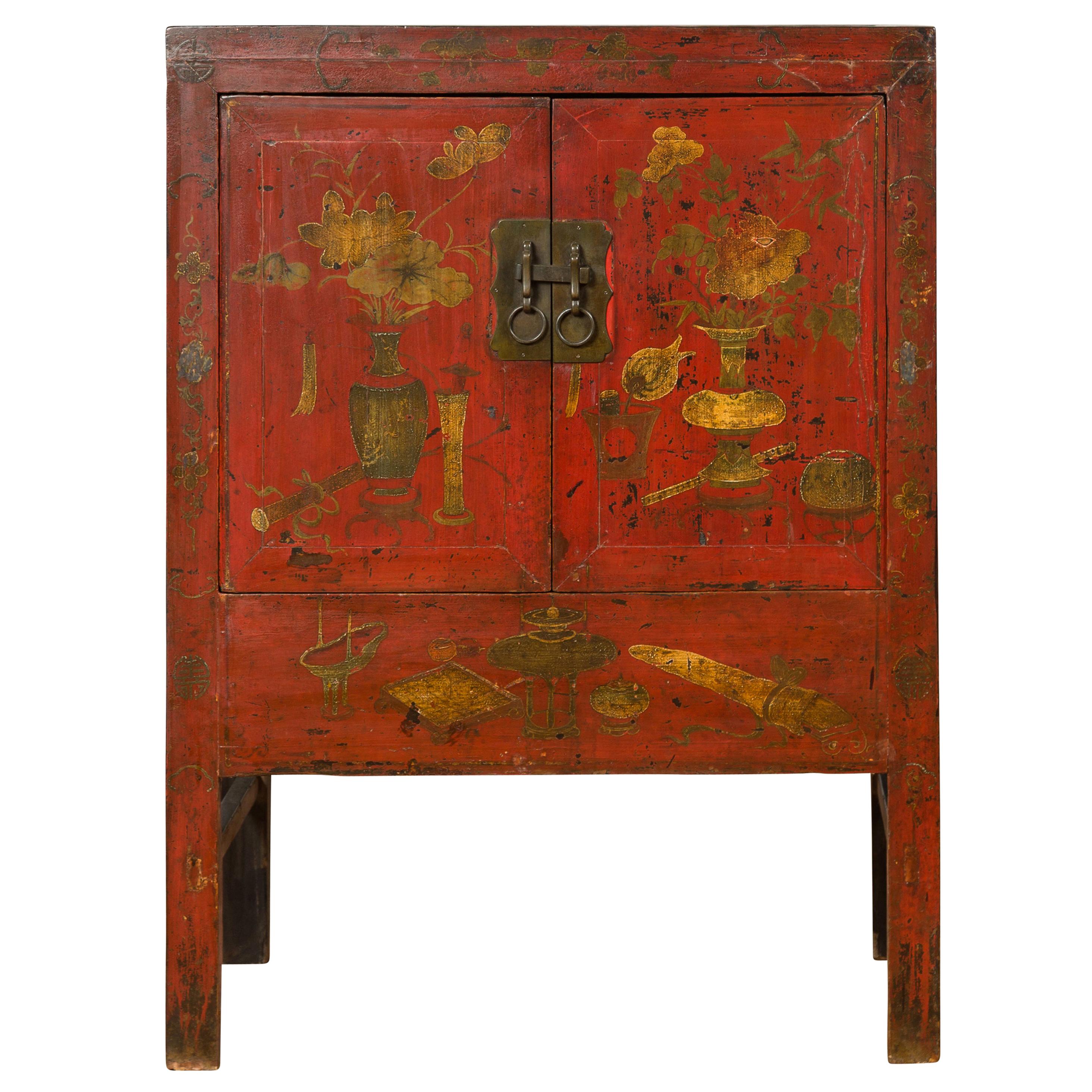 Chinese Antique Red Lacquered Armoire with Distressed Gold Floral Motifs
