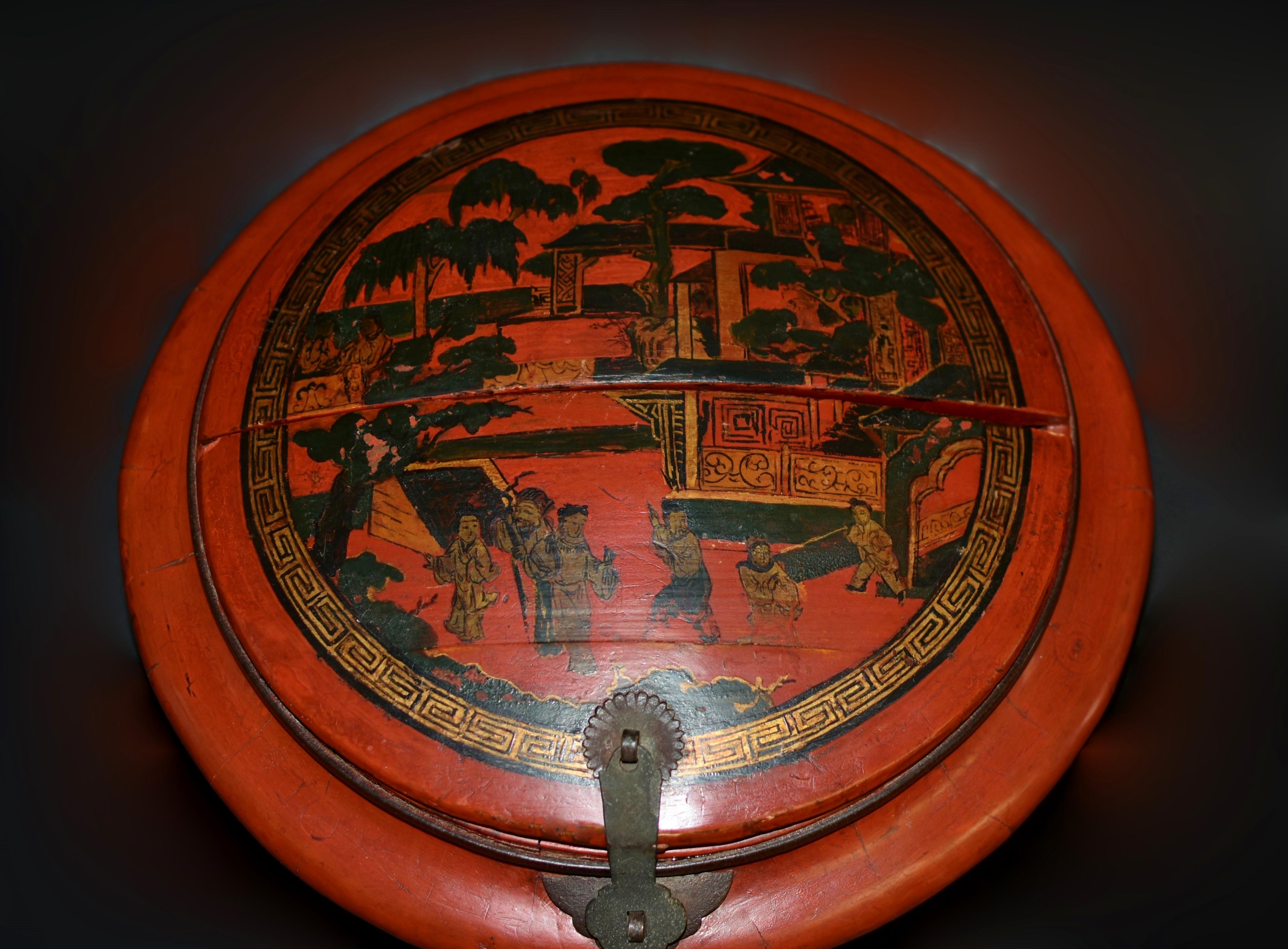Chinesischer antiker rot lackierter Korb im Angebot 3