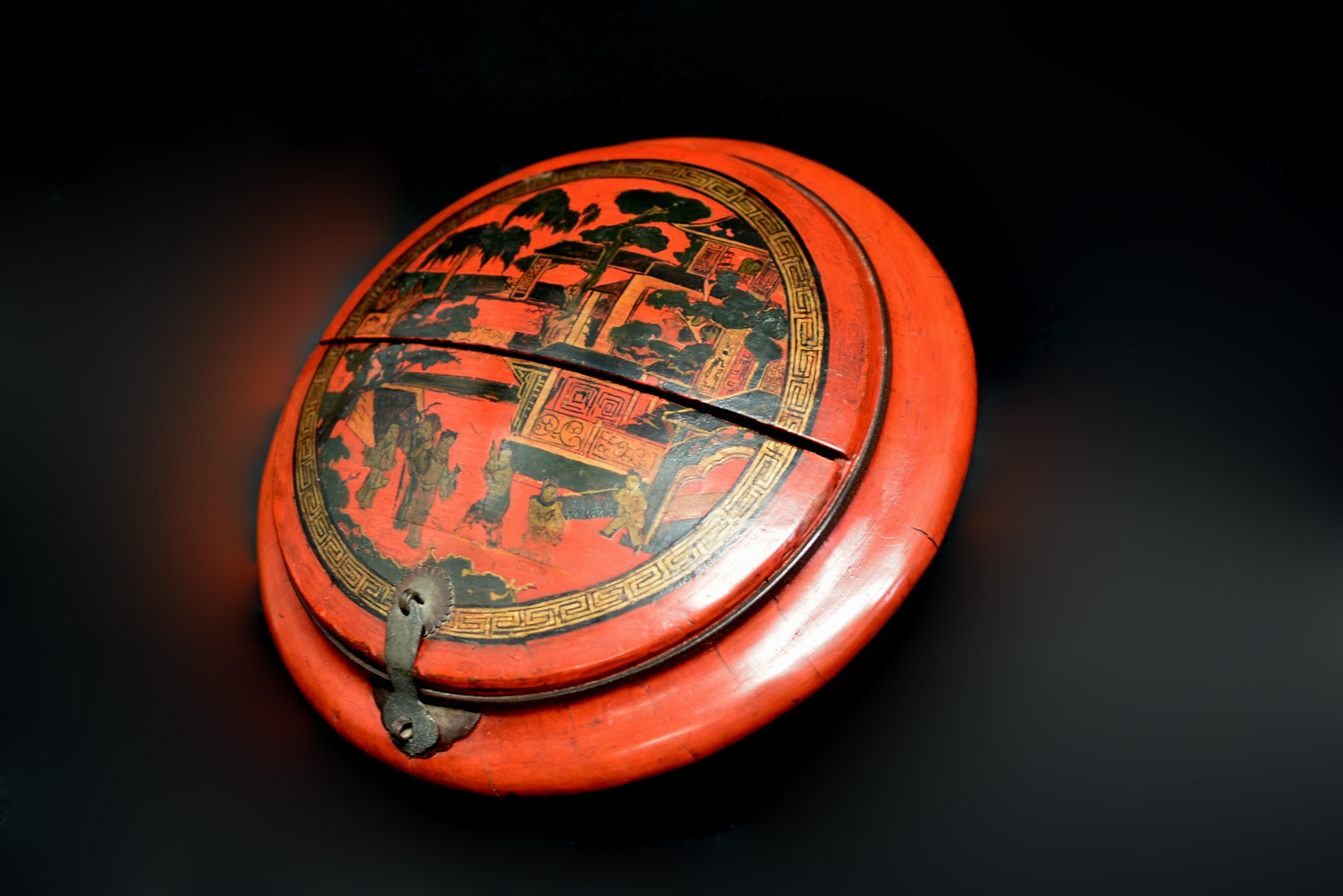 Chinesischer antiker rot lackierter Korb (Qing-Dynastie) im Angebot