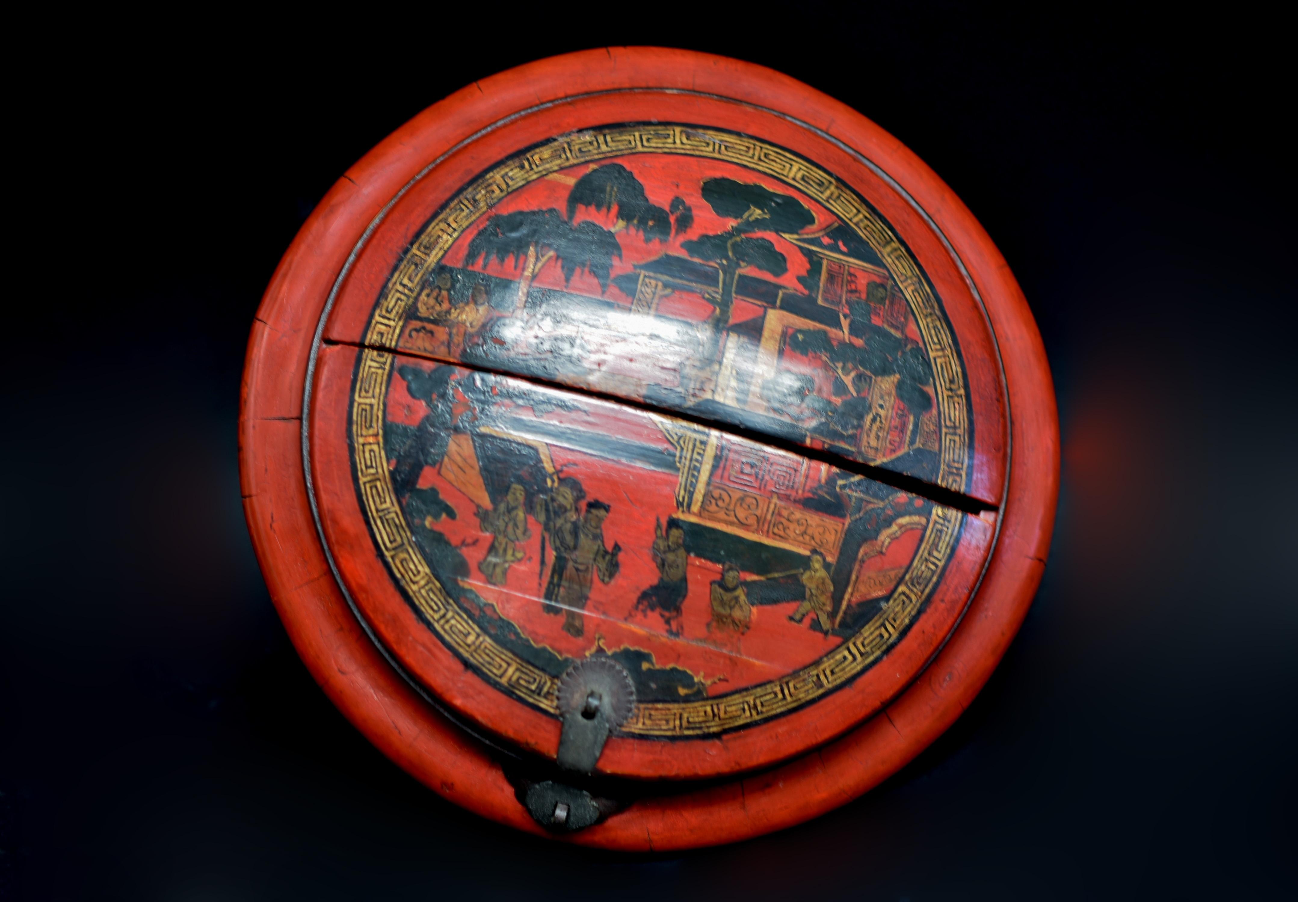19th Century Chinese Antique Red Lacquered Basket For Sale