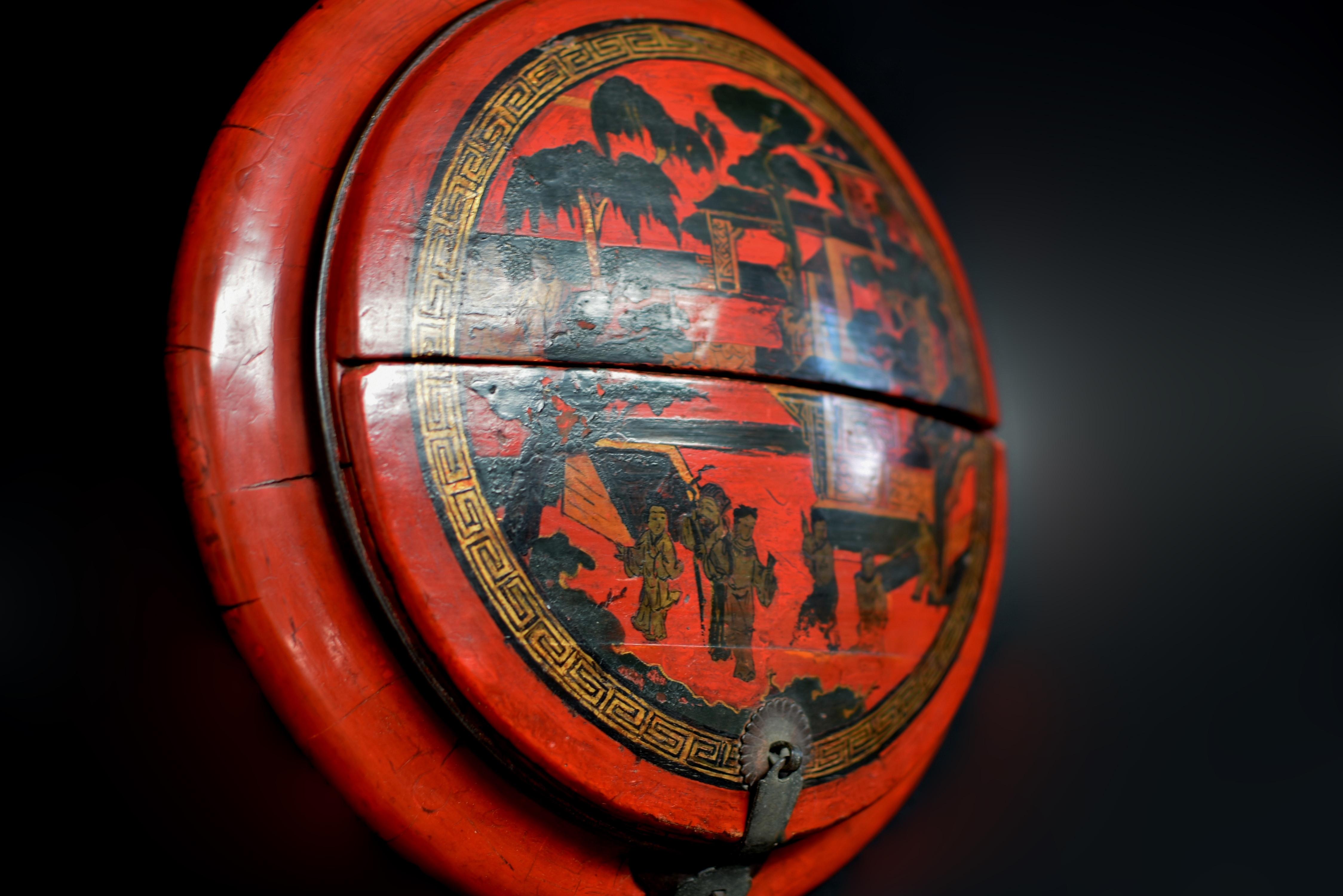 Wood Chinese Antique Red Lacquered Basket For Sale