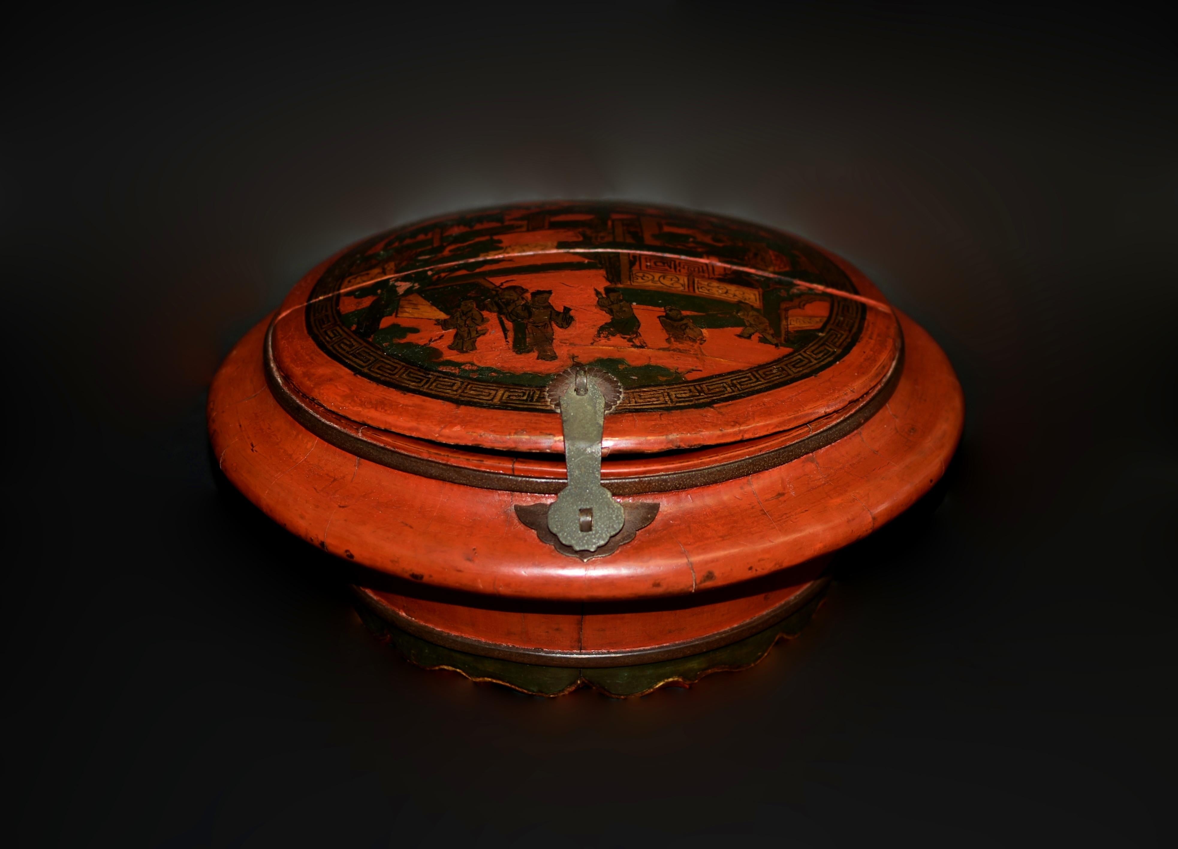Chinesischer antiker rot lackierter Korb im Angebot 2