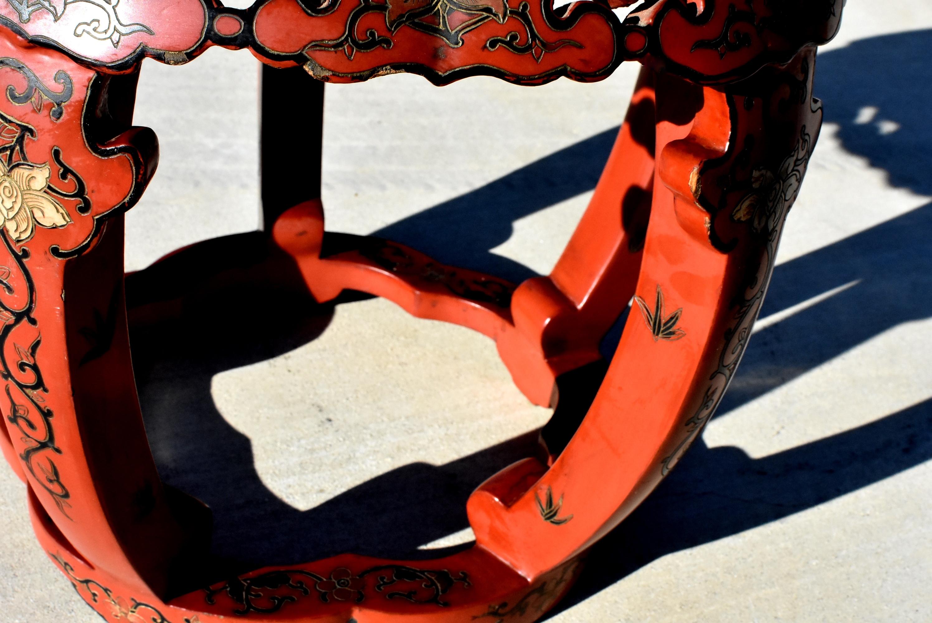 Chinese Antique Red Lacquered Stool 8