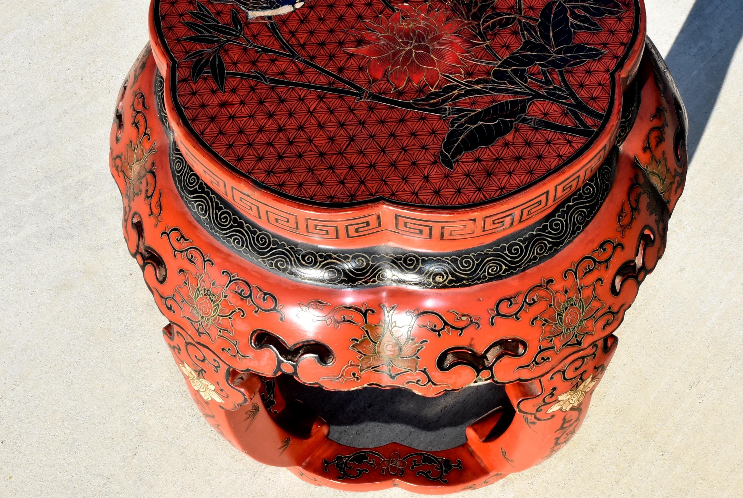 Chinese Antique Red Lacquered Stool 3