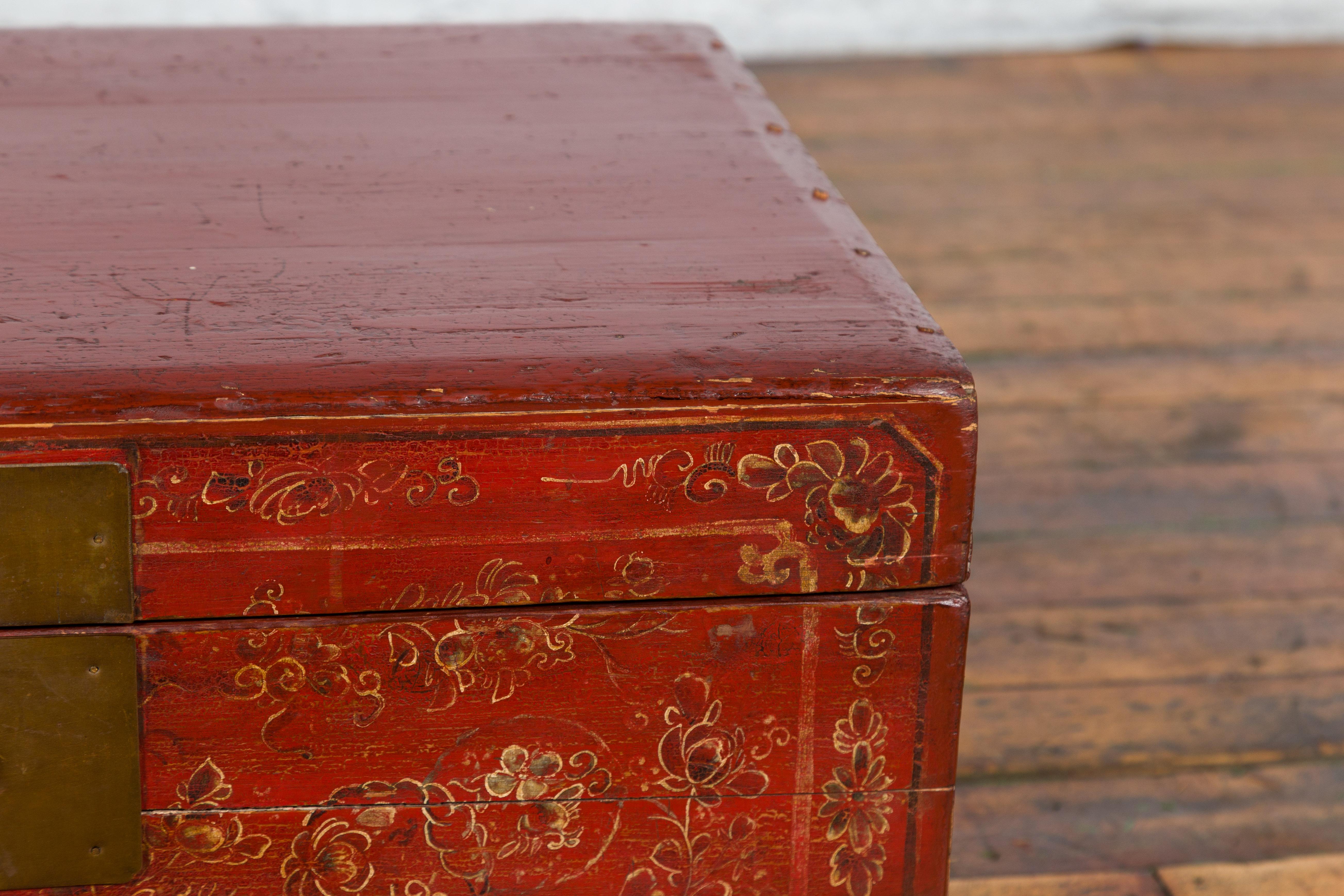 Chinese Antique Red Lacquered Trunk with Hand-Painted Floral Décor 6