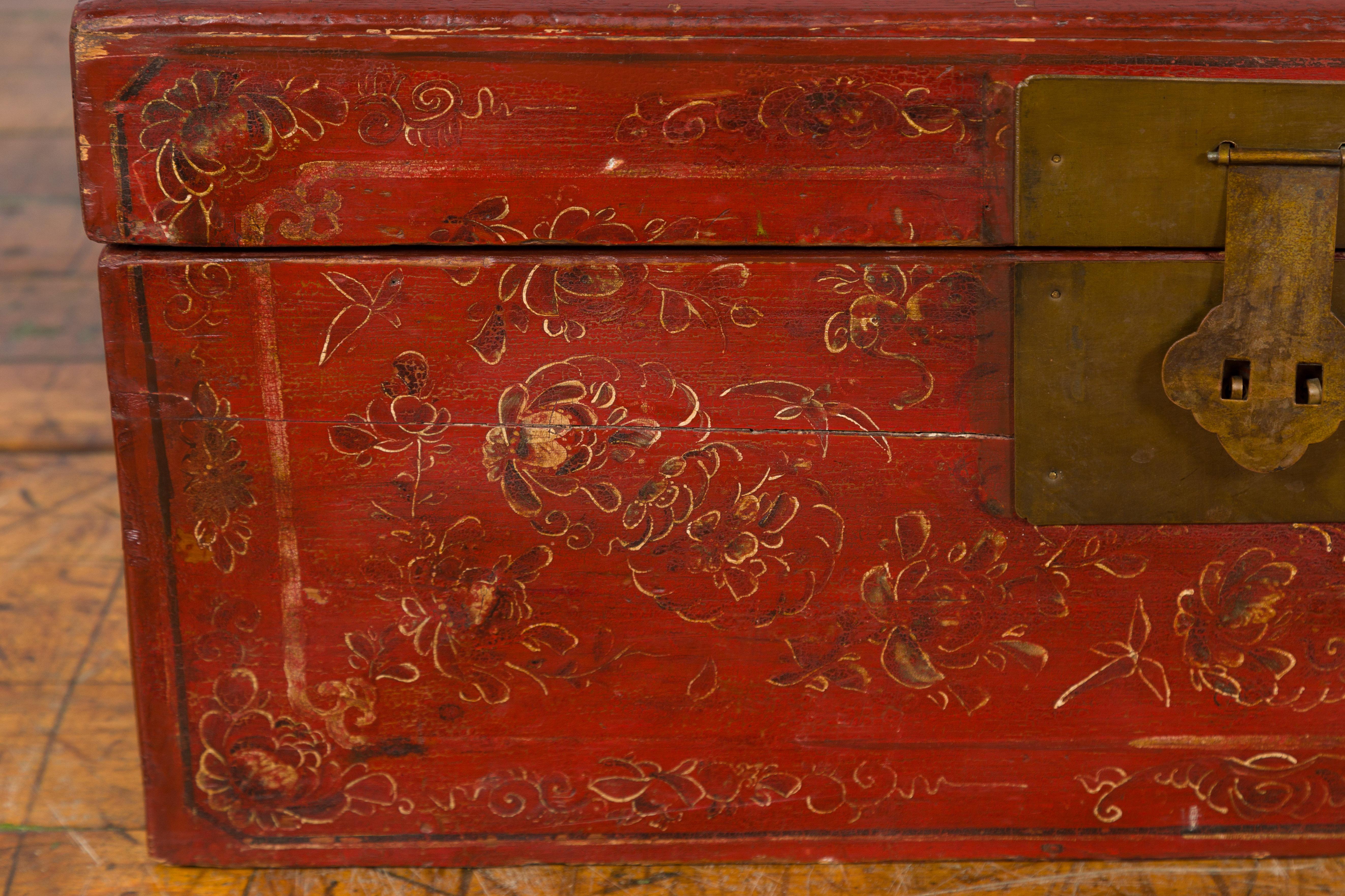 Chinese Antique Red Lacquered Trunk with Hand-Painted Floral Décor 7