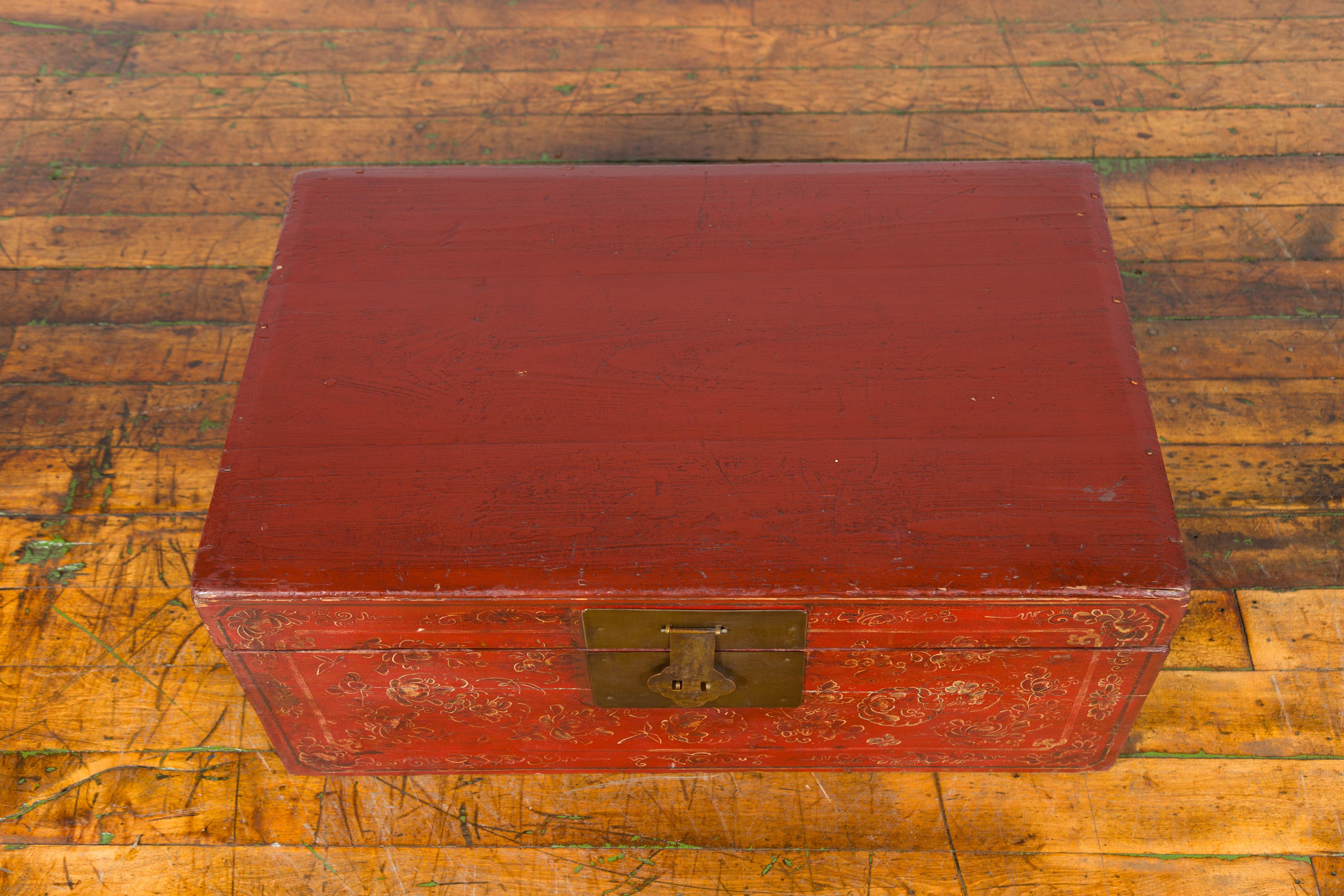 Chinese Antique Red Lacquered Trunk with Hand-Painted Floral Décor 8