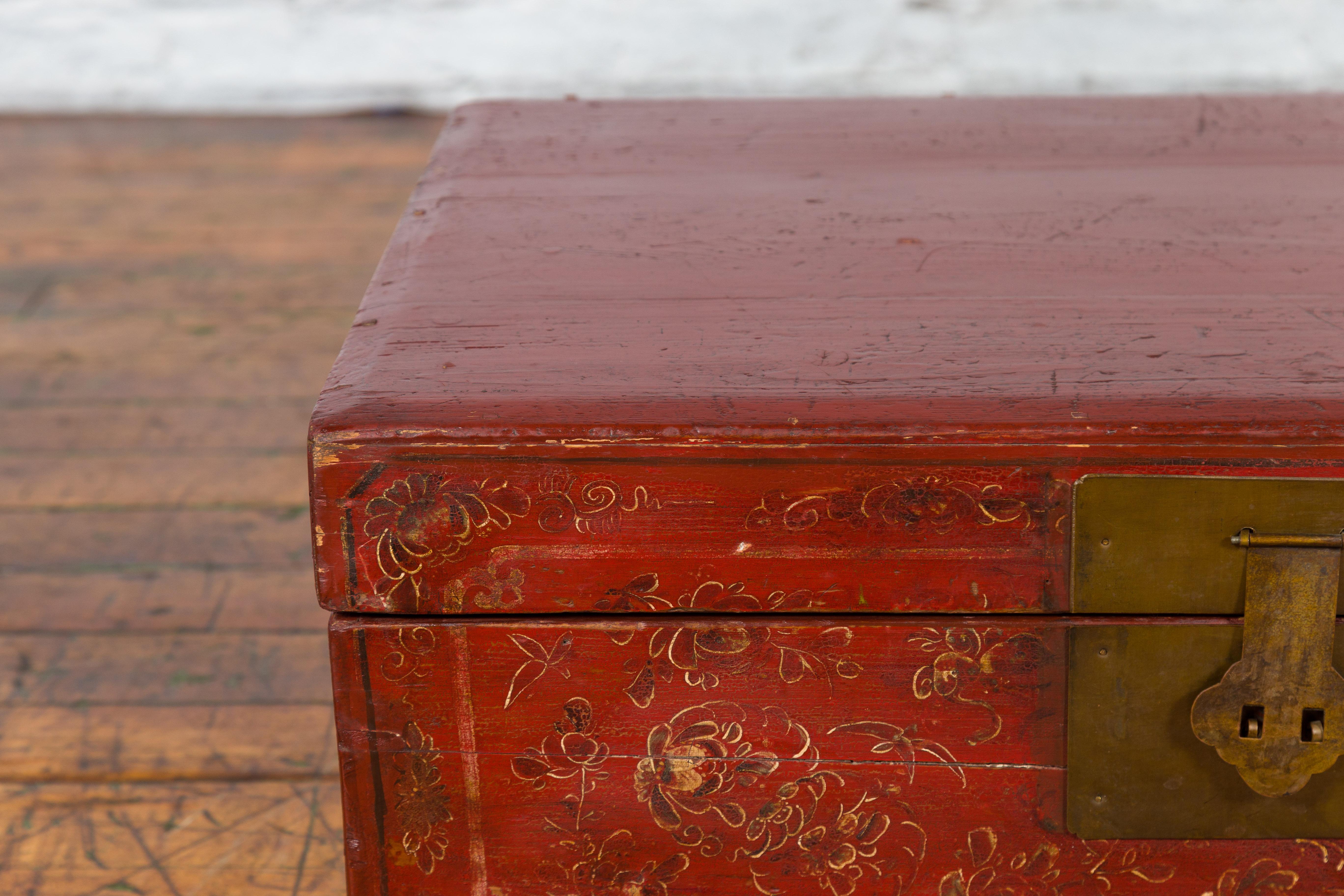 Chinese Antique Red Lacquered Trunk with Hand-Painted Floral Décor 9