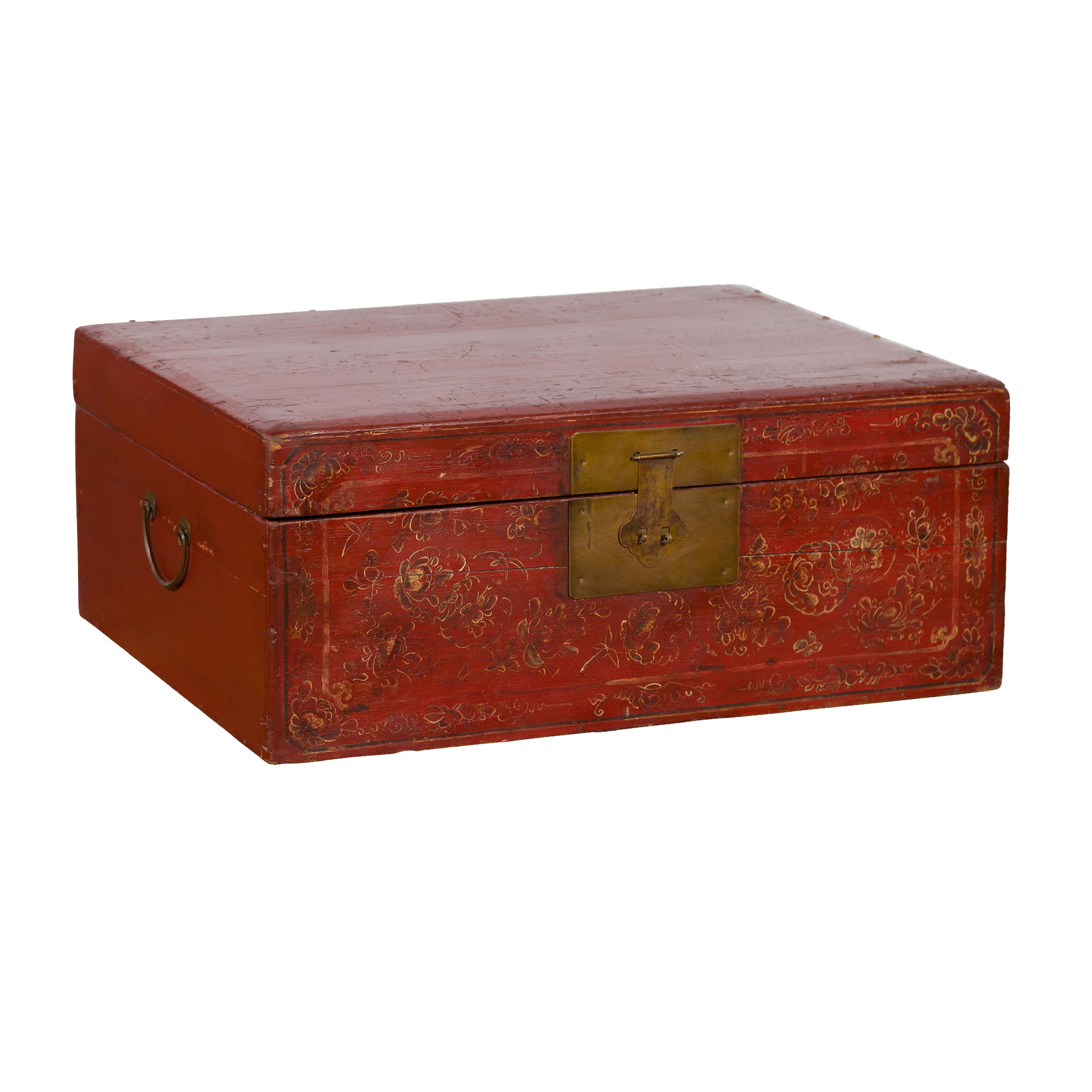 Chinese Antique Red Lacquered Trunk with Hand-Painted Floral Décor 10
