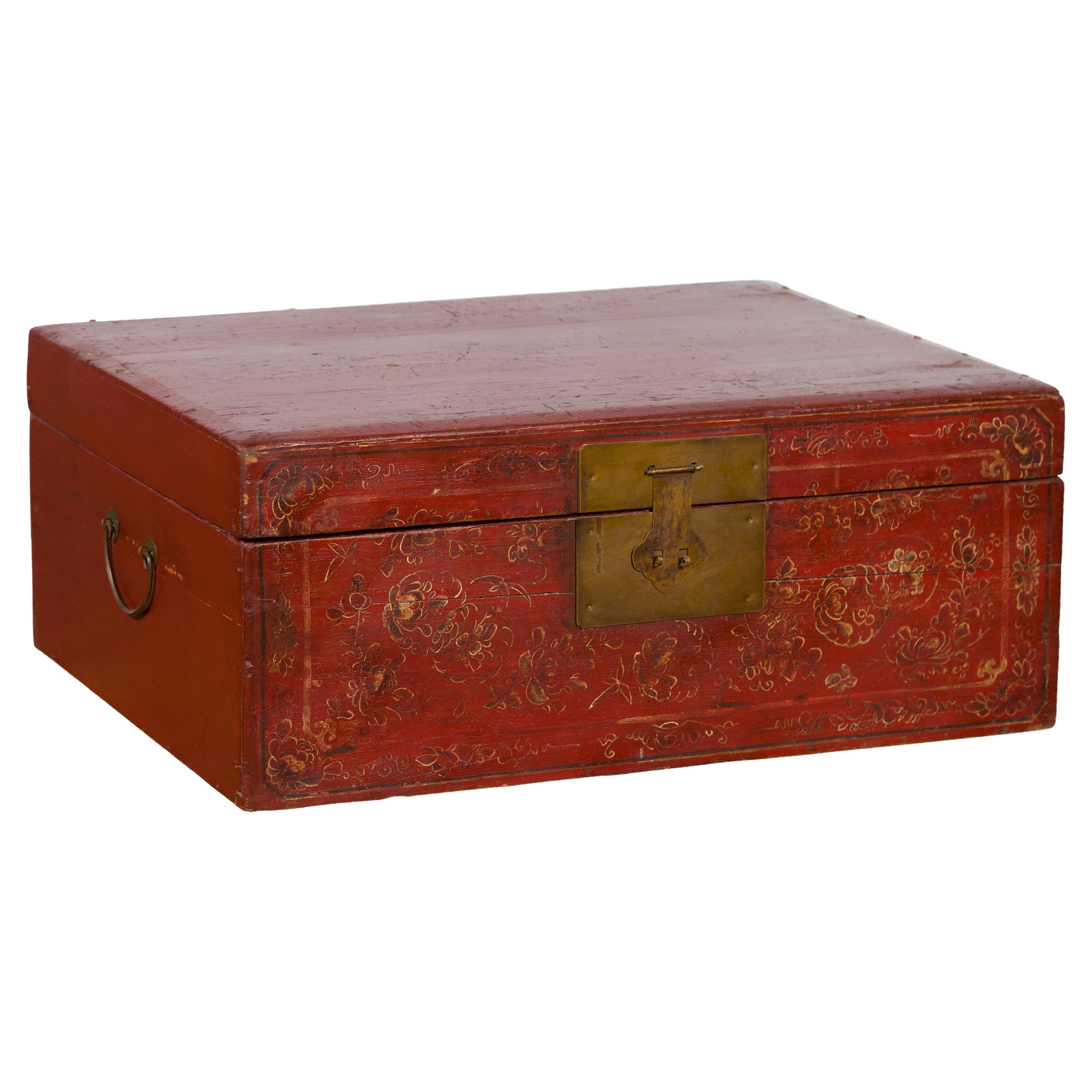 Chinese Antique Red Lacquered Trunk with Hand-Painted Floral Décor