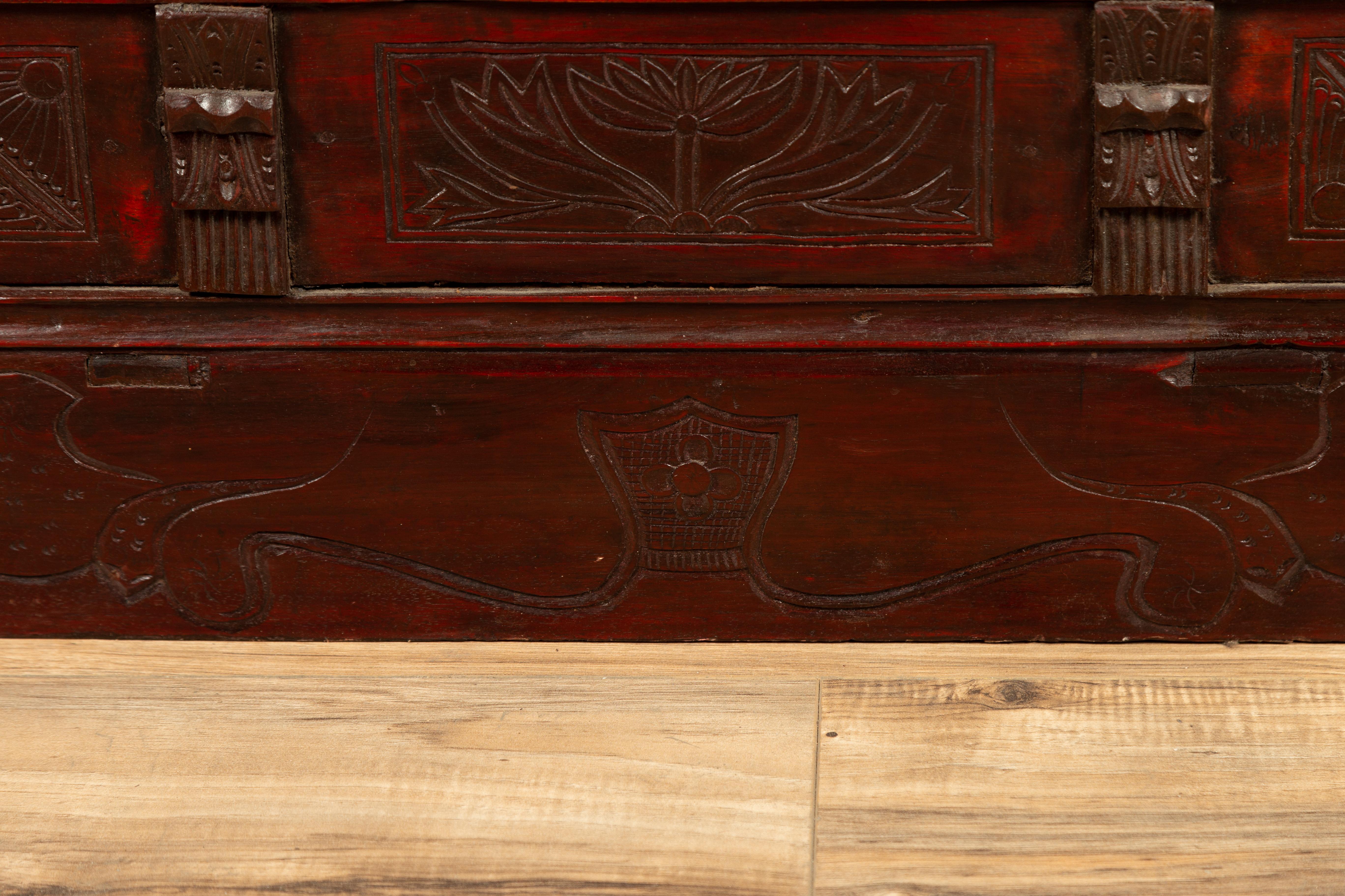 Chinese Antique Red Lacquered Trunk with Incised and Carved Motifs and Handles 5